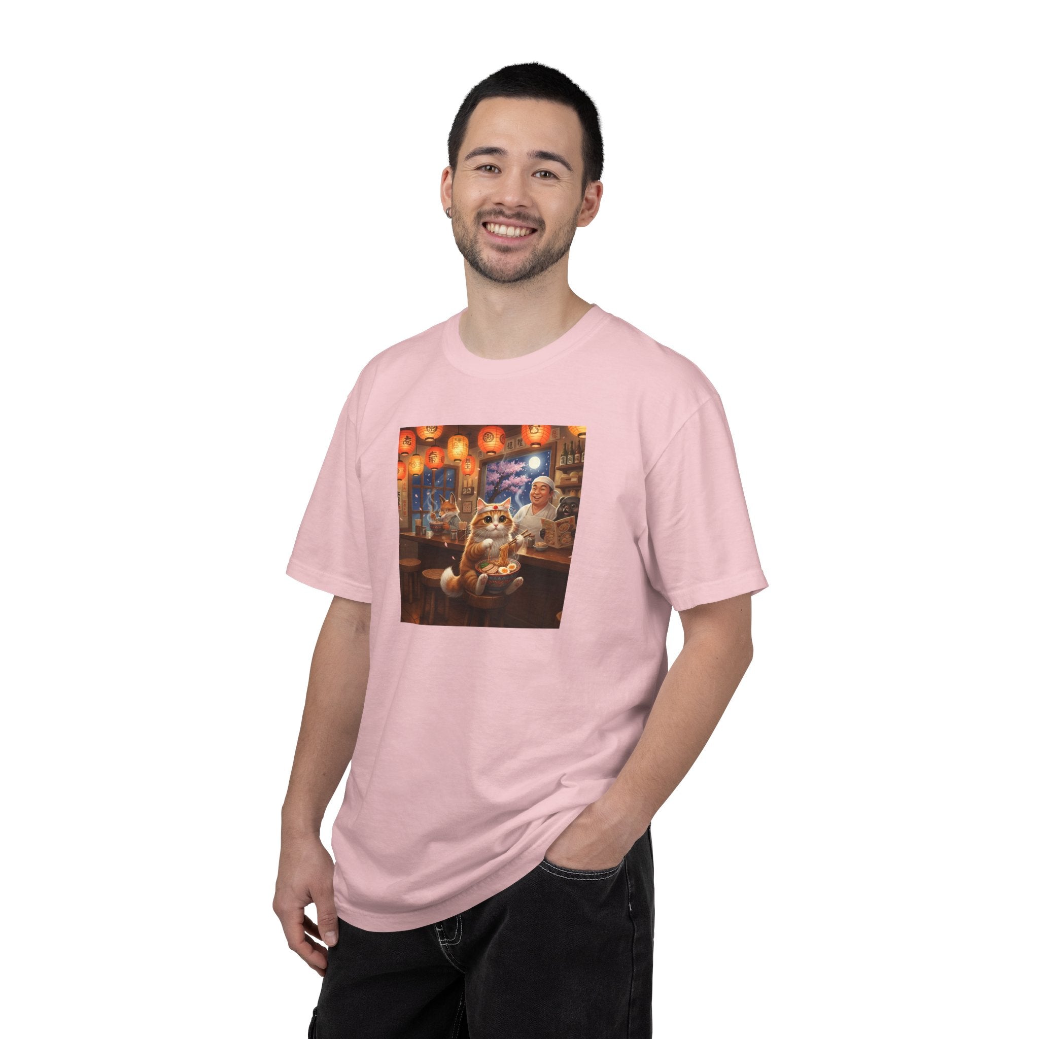 Whiskers and the Wondrous Noodles Cat Bar Ramen Scene T-shirt | Cozy Pub Cat Illustration