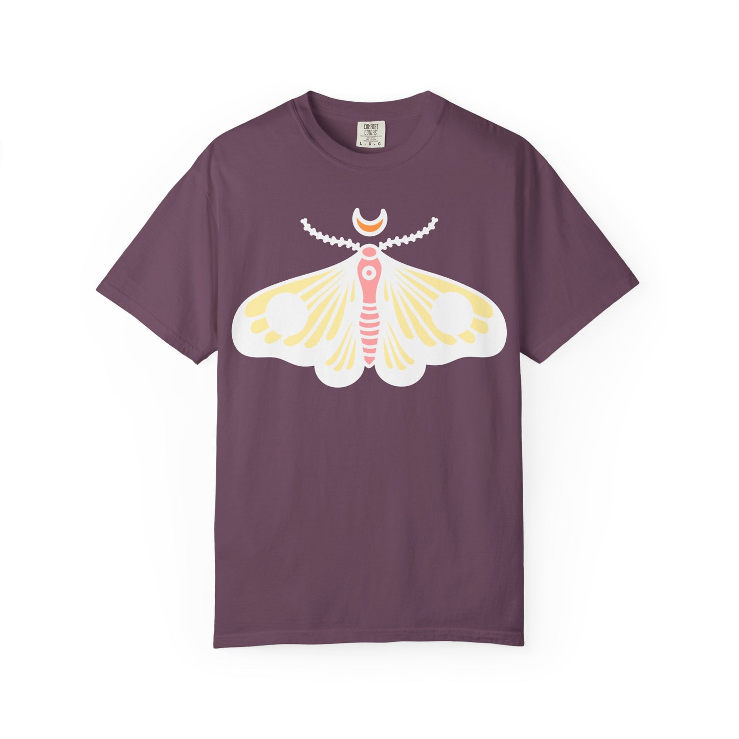 Celestial Moth T-shirt | Pink Yellow Moth with Crescent Moon