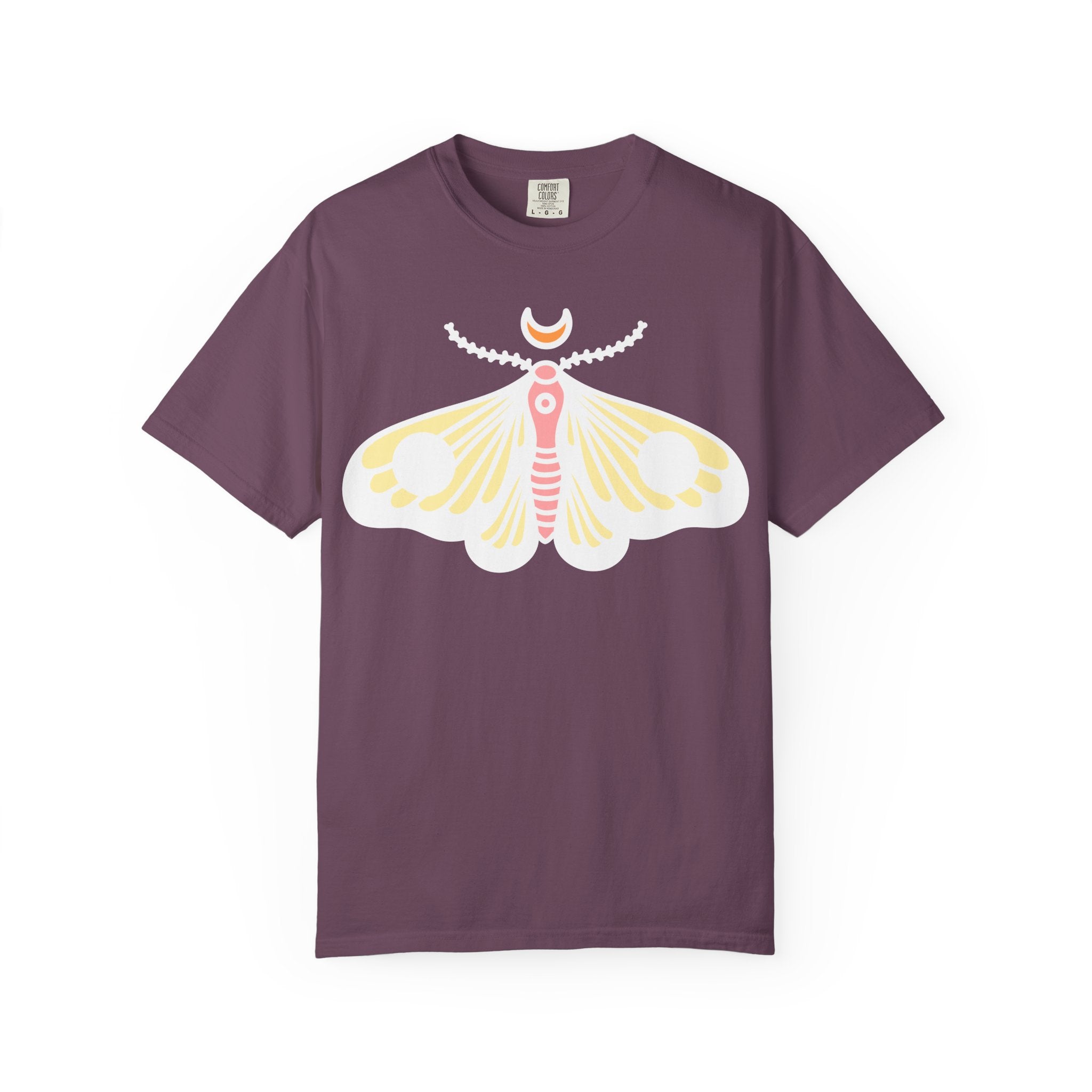 Celestial Moth T-shirt | Pink Yellow Moth with Crescent Moon