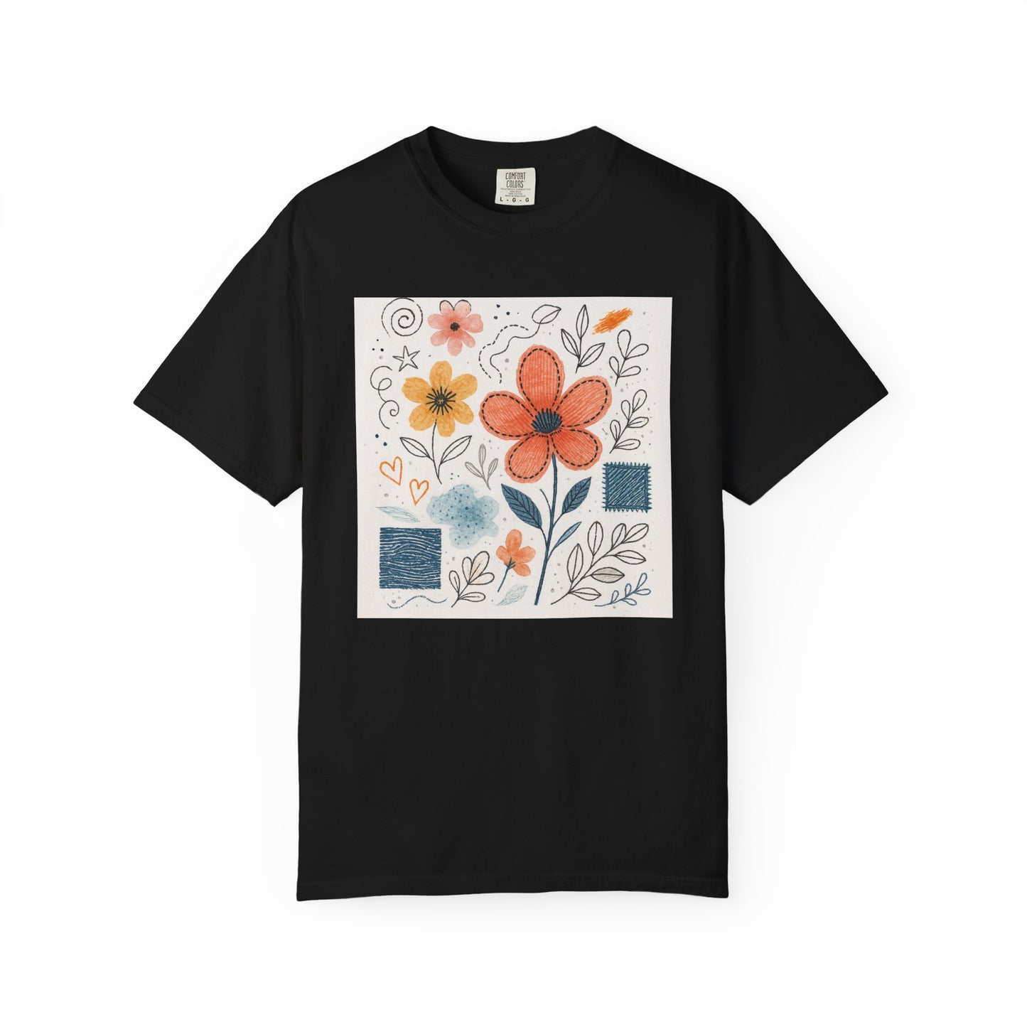 Hand-drawn Watercolor Floral Doodles T-shirt | Linocut & Embroidery Texture