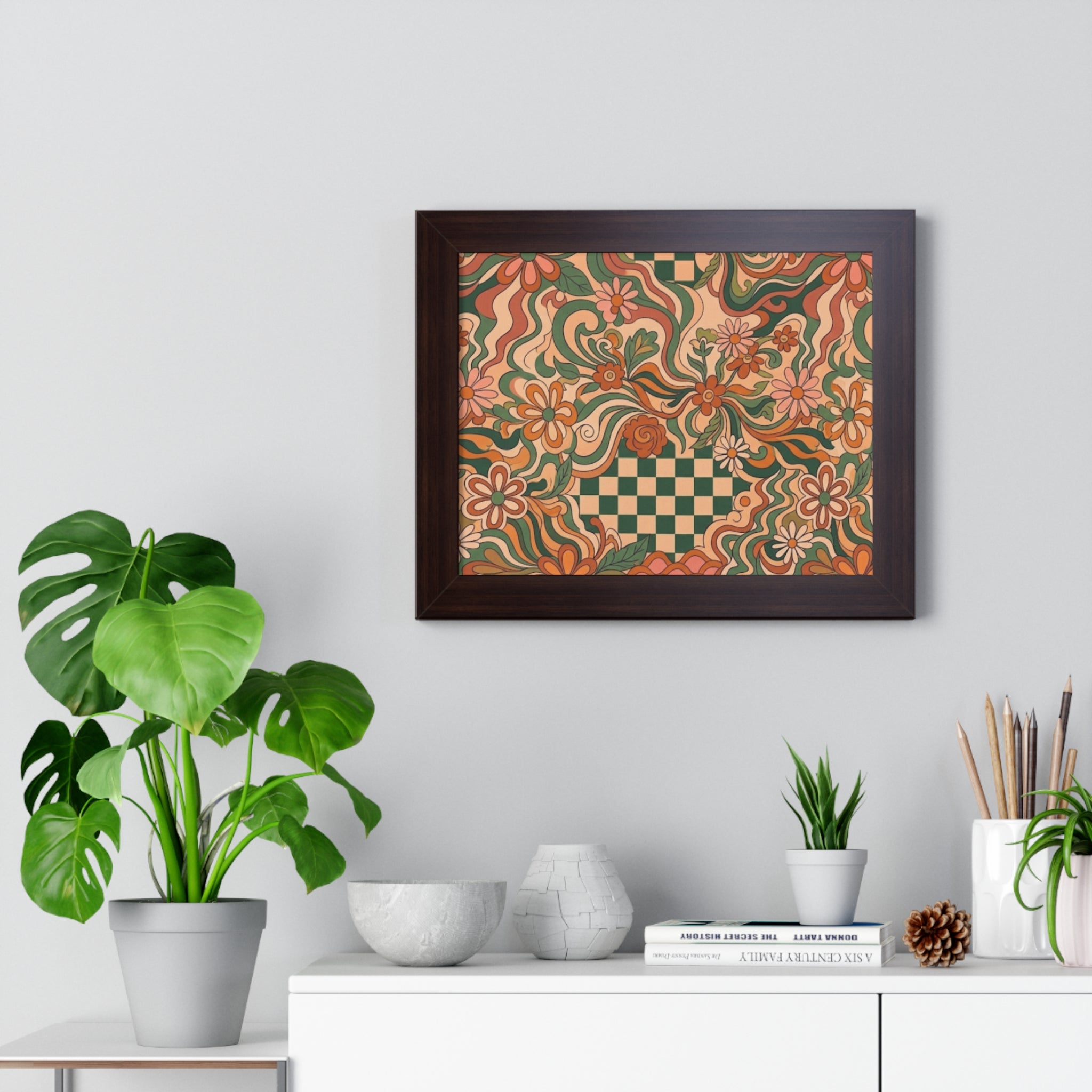 Retro Floral Checkerboard Poster
