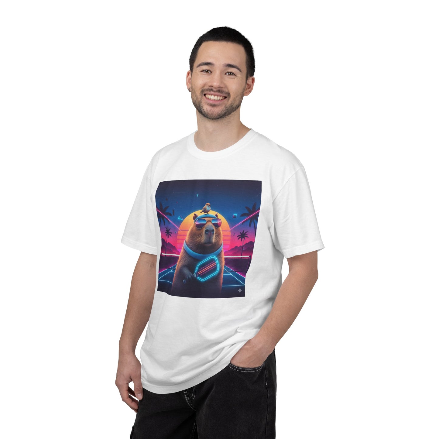Retro Vaporwave Capybara with Sunglasses T-shirt | Neon Sunset Palm Trees