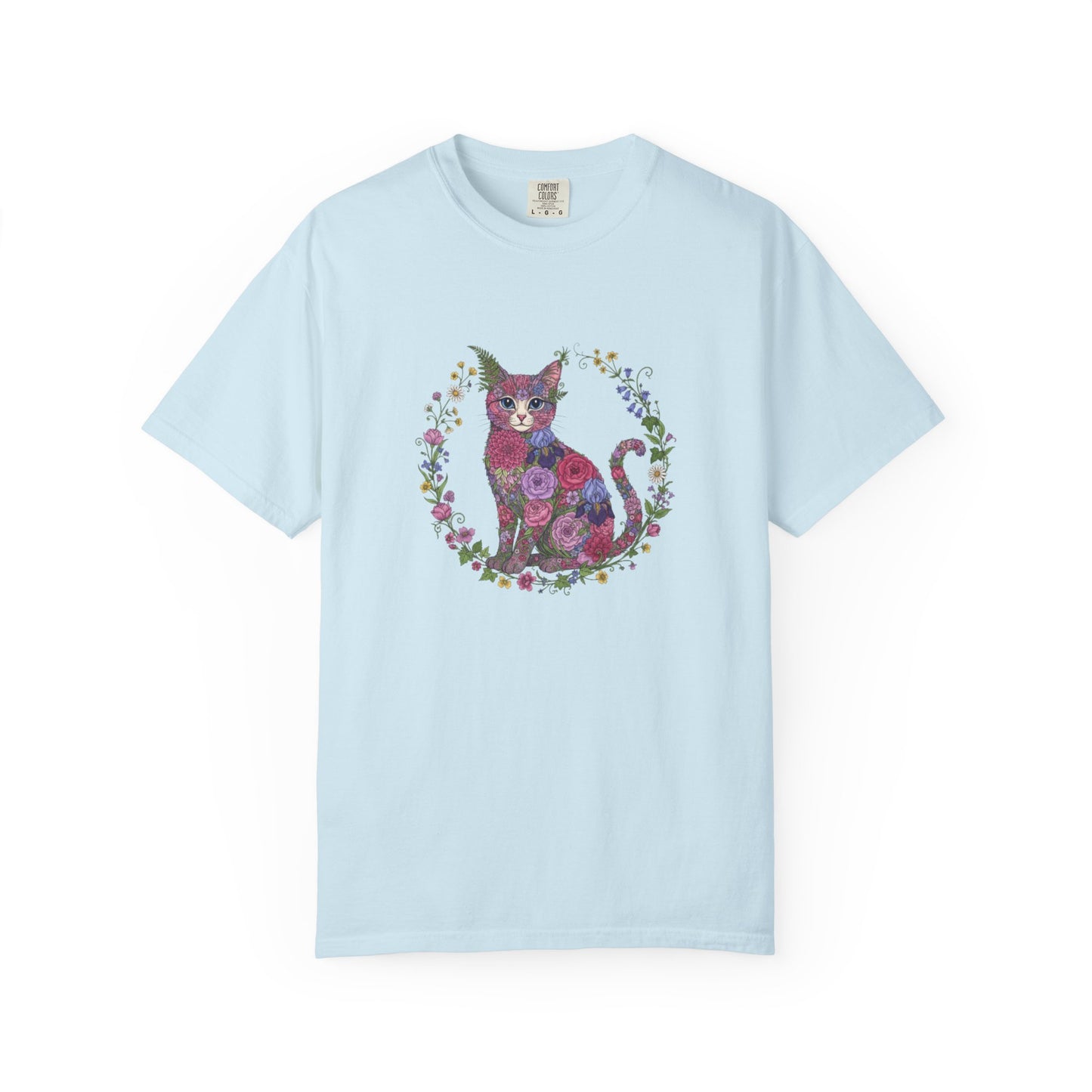 Floral Cat Illustration T-shirt | Botanical Kitty Circle Print