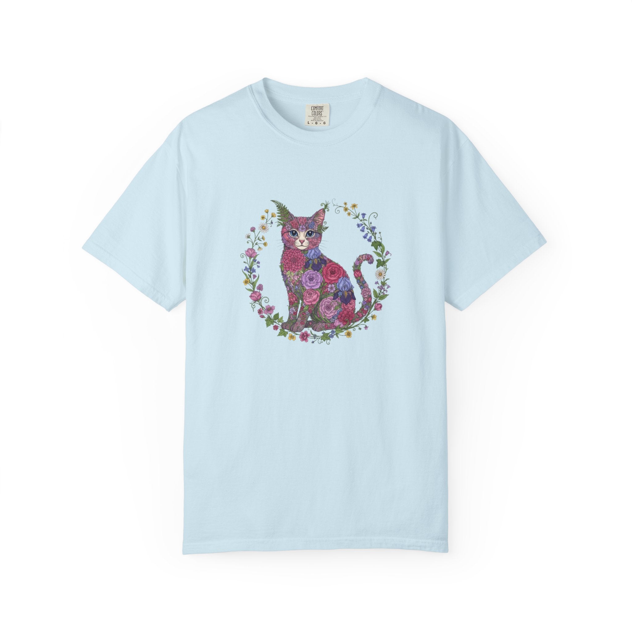 Floral Cat Illustration T-shirt | Botanical Kitty Circle Print