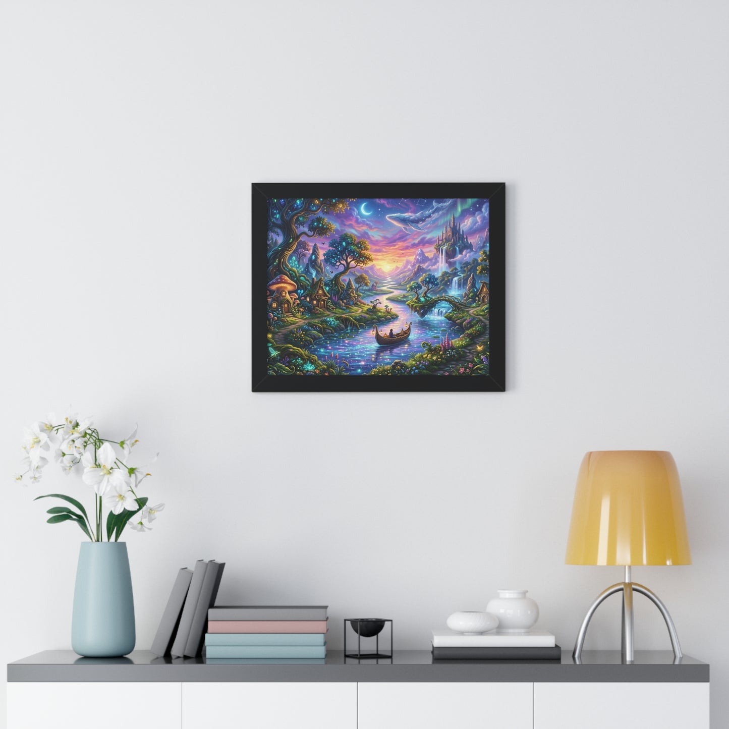 Celestial River Journey Digital Art Print - Whimsical Fantasy Landscape with Floating Castle, Glowing Forest