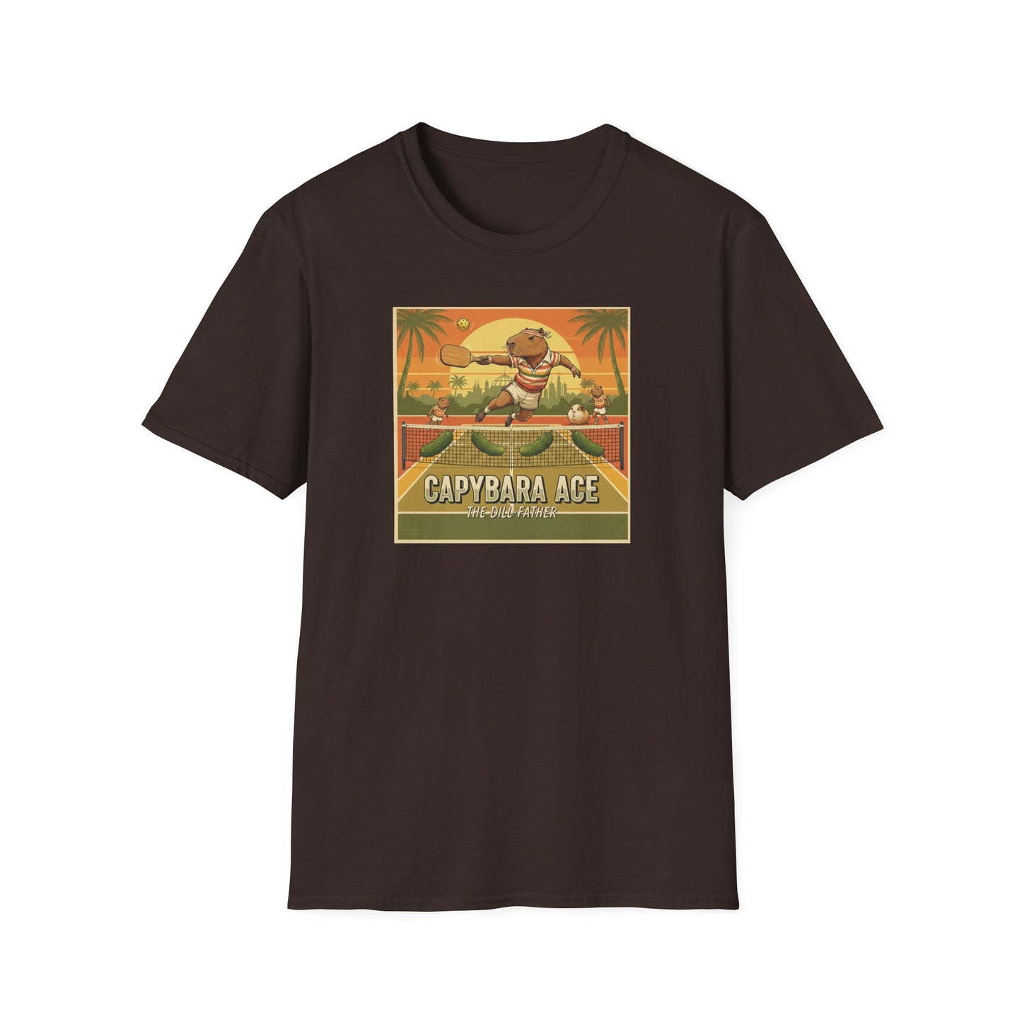 Capybara Ace Pickleball Player T-Shirt | Retro Tropical Court Design