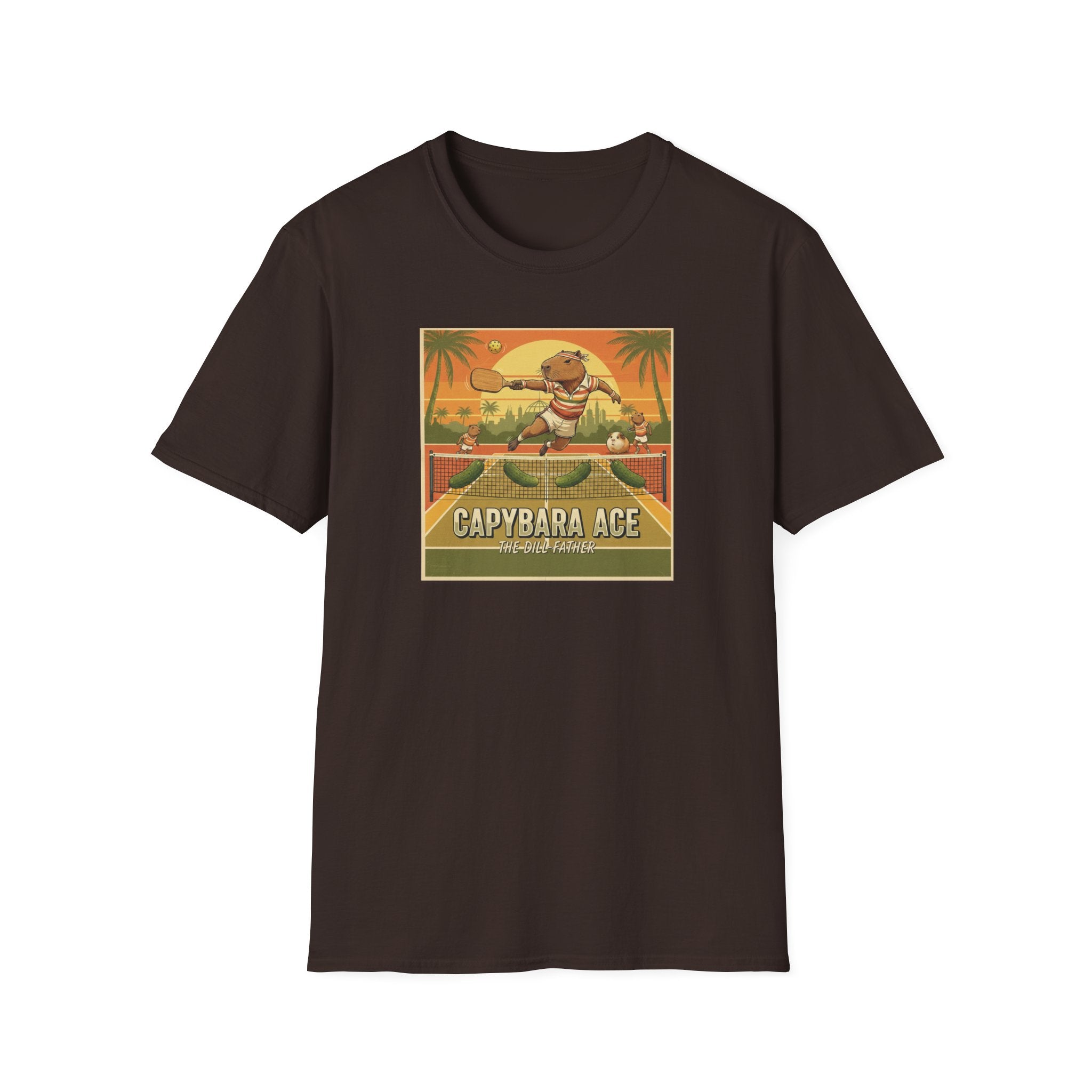 Capybara Ace Pickleball Player T-Shirt | Retro Tropical Court Design
