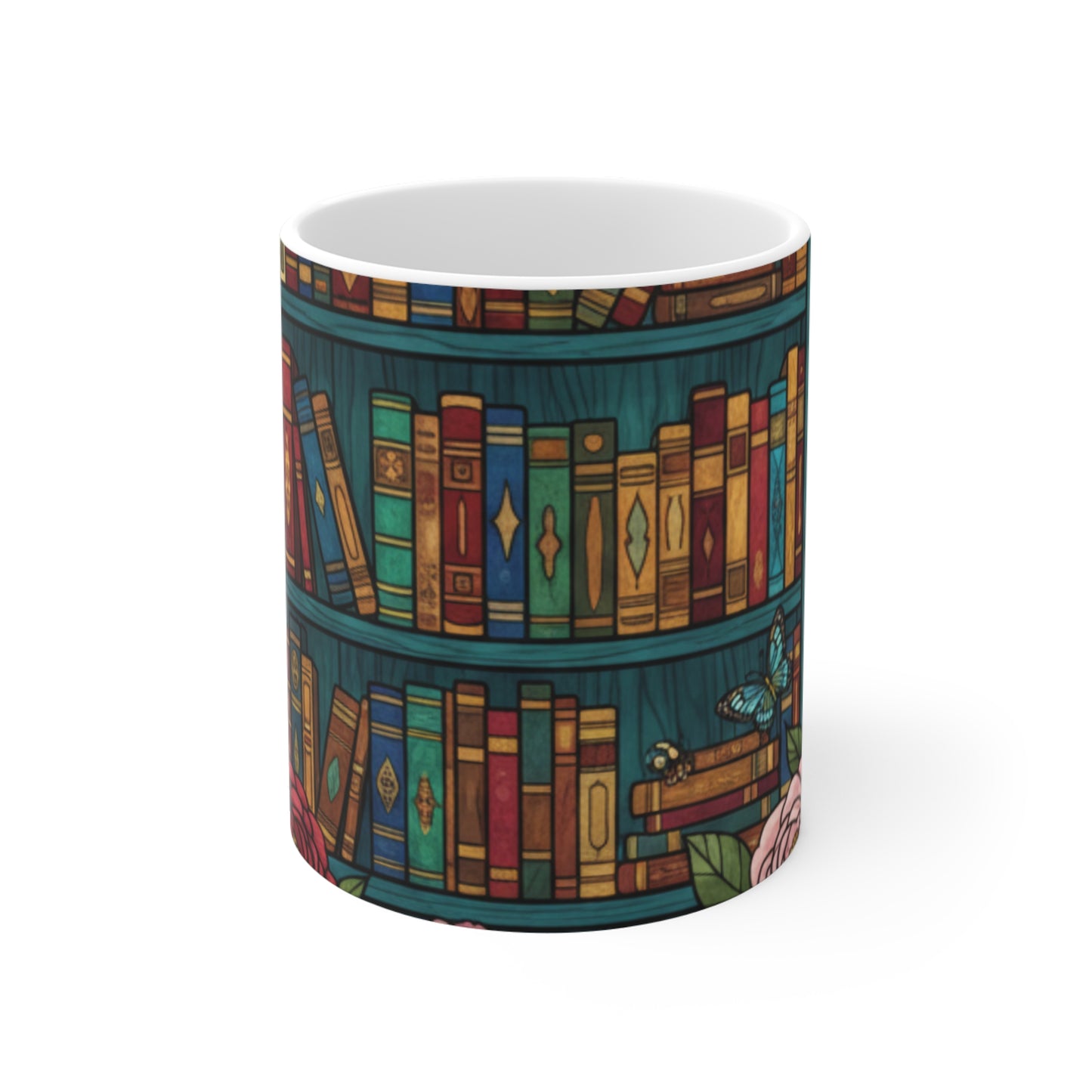Floral Bookcase Mug | Library Bookshelf Ceramic Coffee Cup