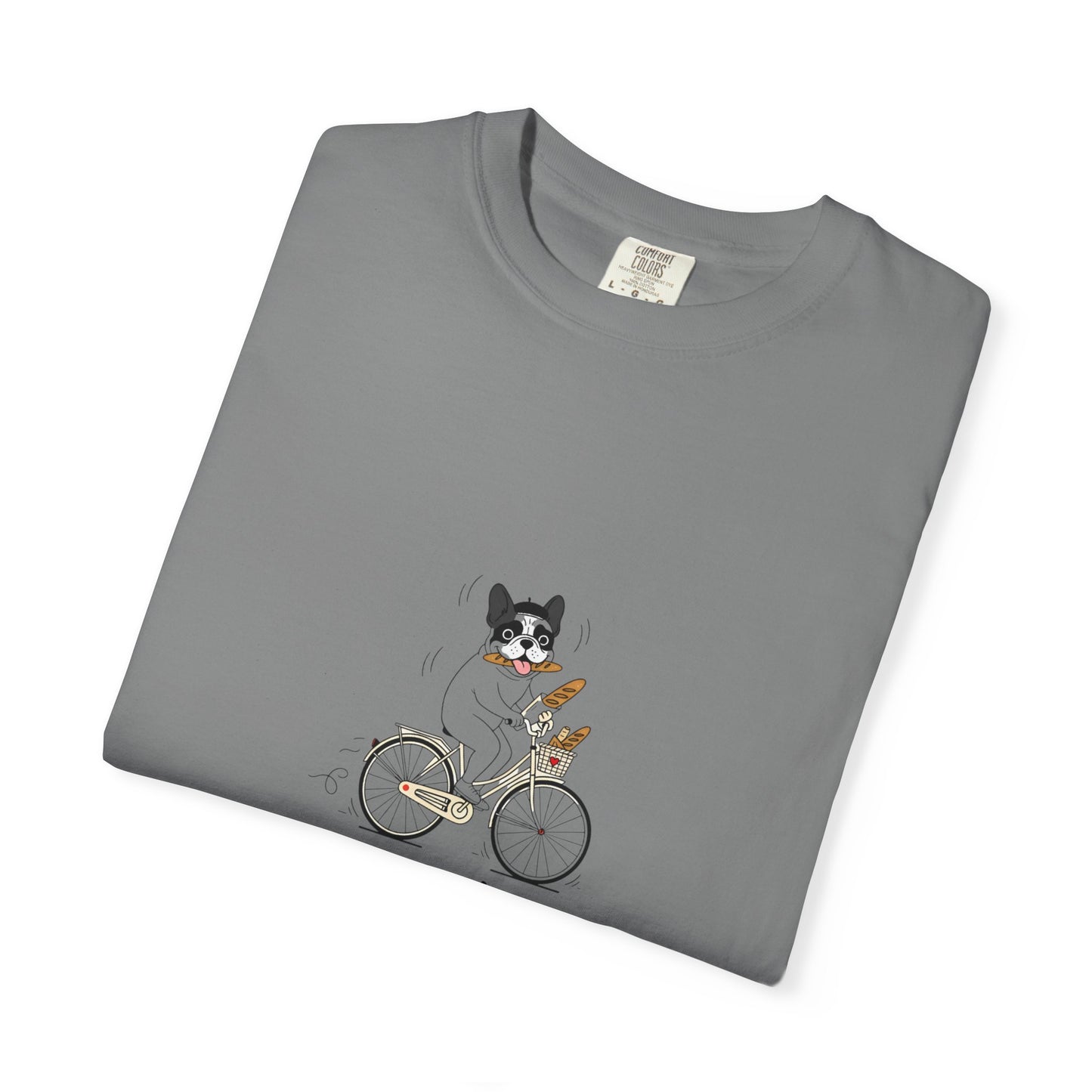 French Bulldog on Bicycle T-shirt | Cute Dog Illustration, 'Oui!' Text