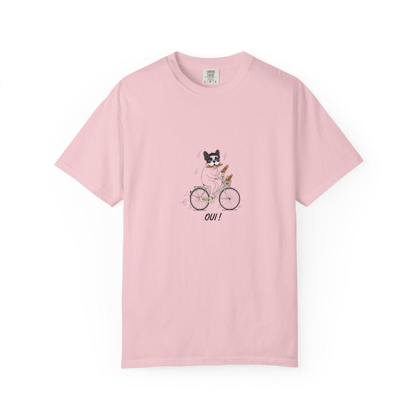 French Bulldog on Bicycle T-shirt | Cute Dog Illustration, 'Oui!' Text