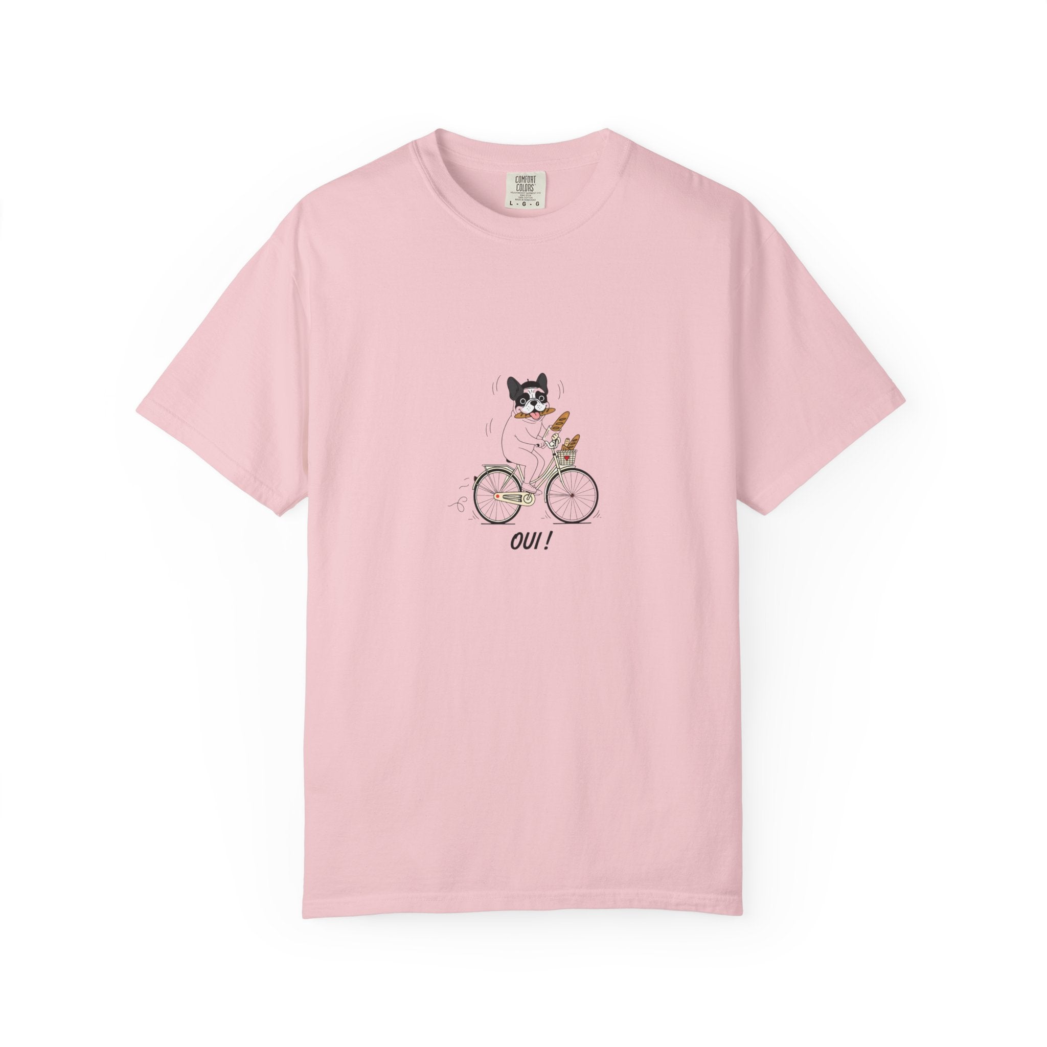 French Bulldog on Bicycle T-shirt | Cute Dog Illustration, 'Oui!' Text