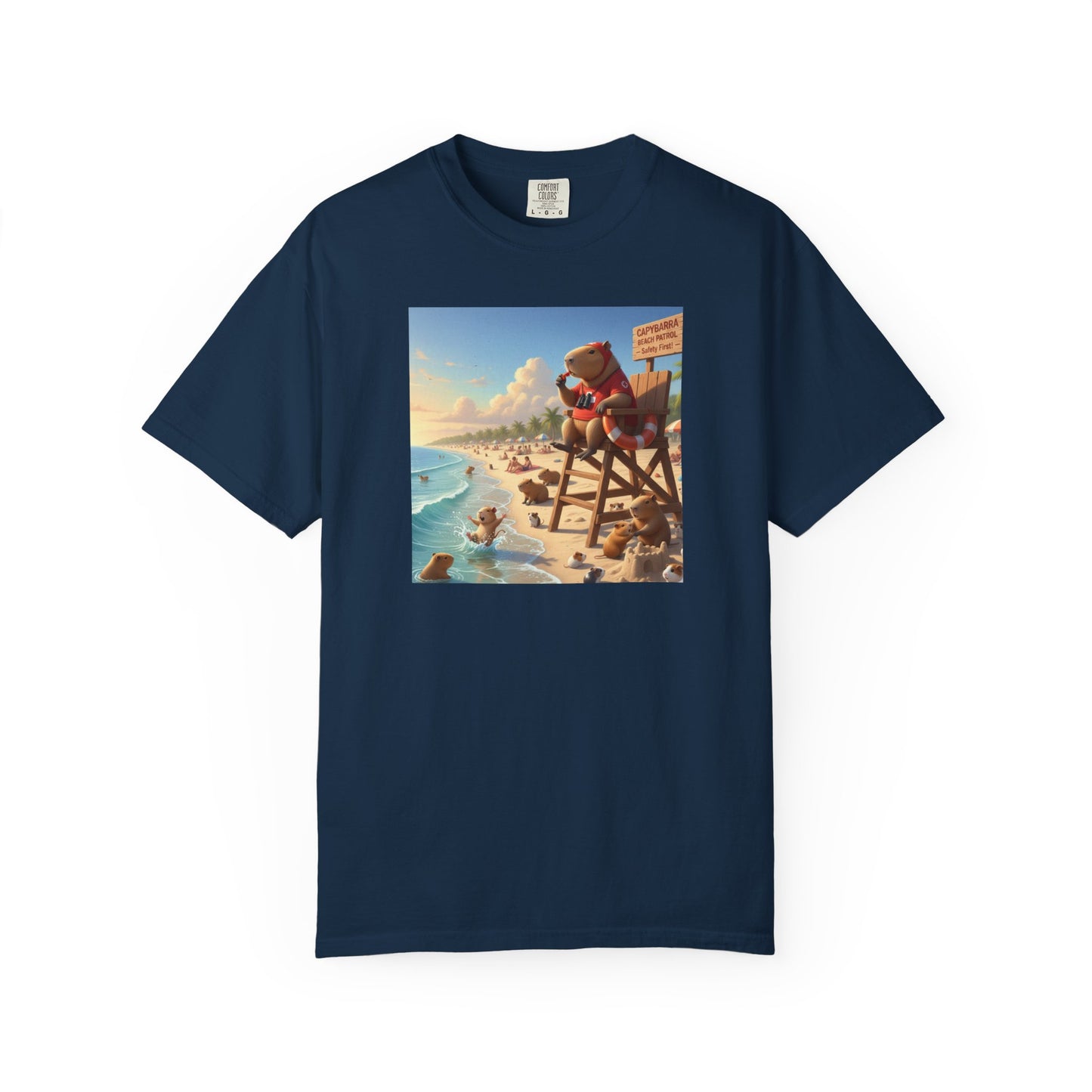 Lifeguard Capybara on Beach T-shirt | Surf Rescue Sunset Scene
