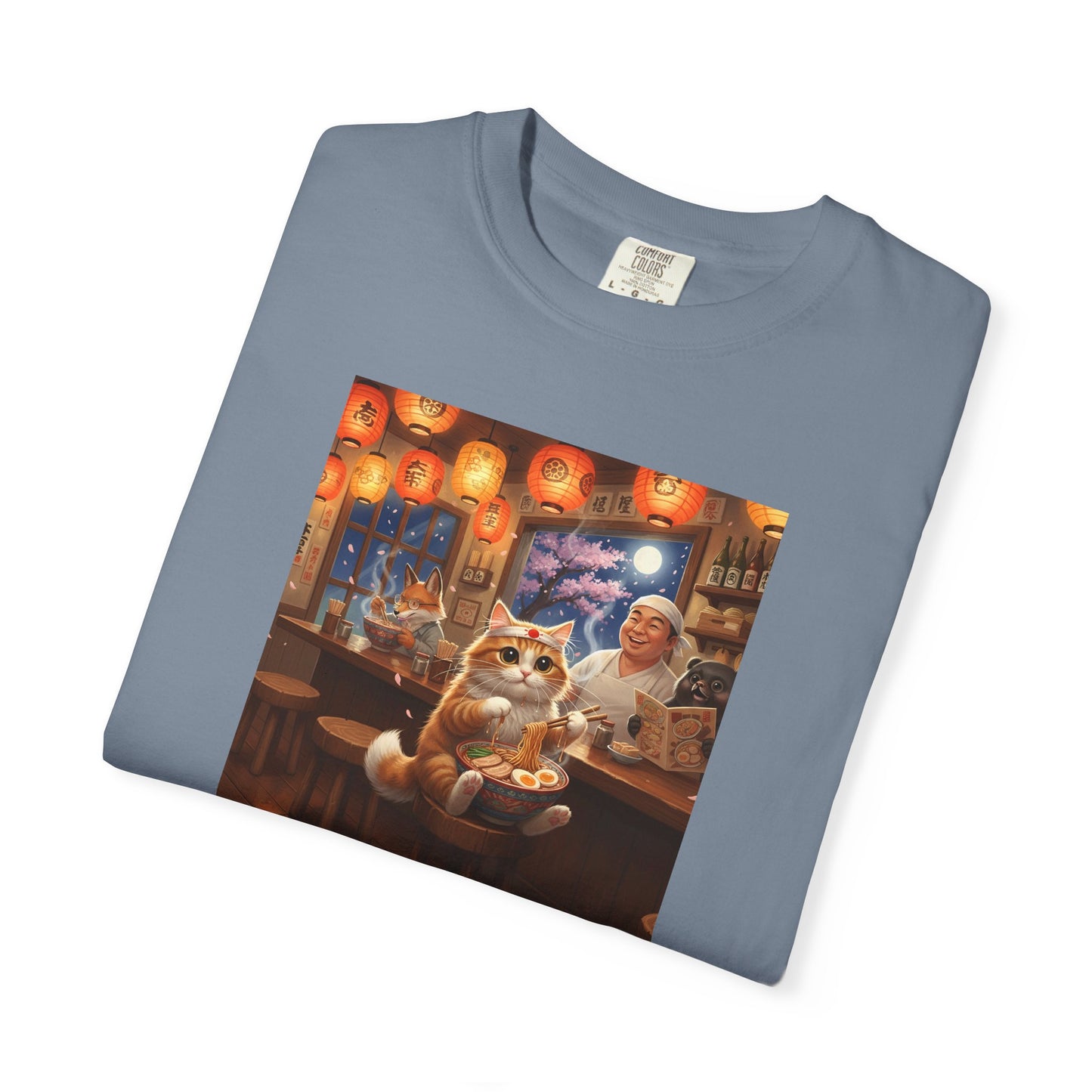 Whiskers and the Wondrous Noodles Cat Bar Ramen Scene T-shirt | Cozy Pub Cat Illustration