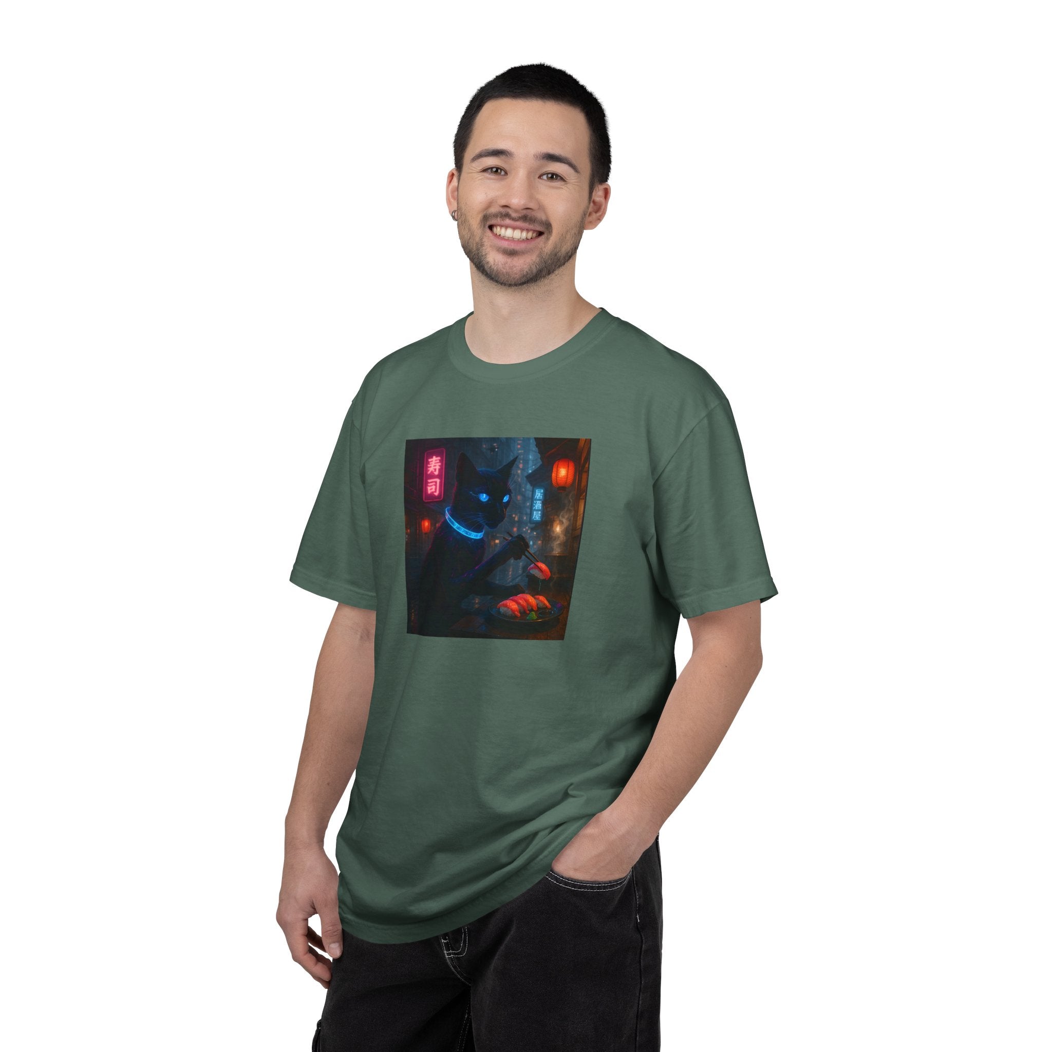 Neon Cyber Cat Sushi Shibuya T-shirt | Dark Alley Japanese Streetwear