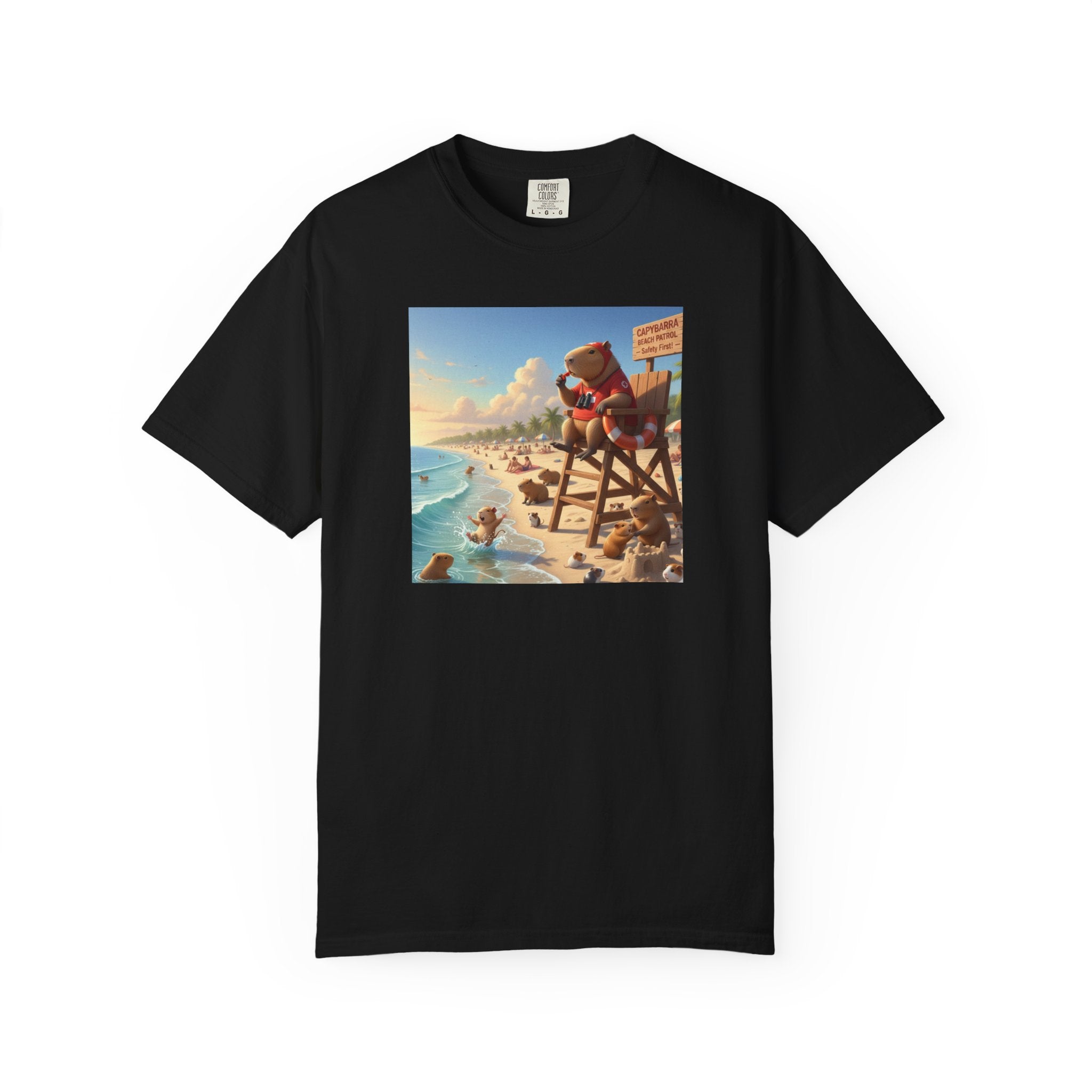 Lifeguard Capybara on Beach T-shirt | Surf Rescue Sunset Scene