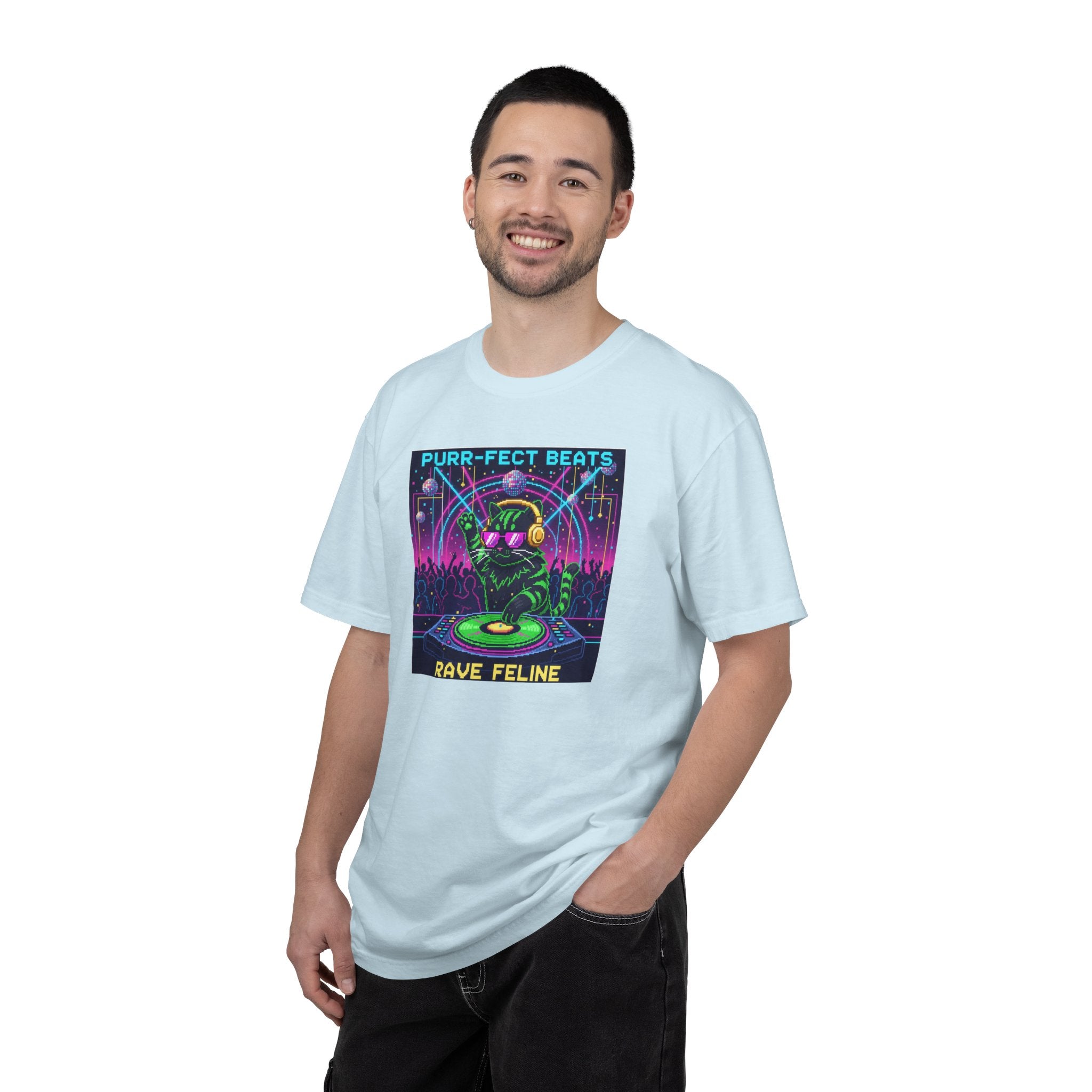 Purr-fect Beats Rave Feline DJ cat T-shirt | Neon EDM club design