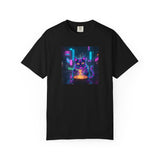 Neon Cyberpunk Cat Mystic Bowl T-shirt | Retro Futuristic Alley Art