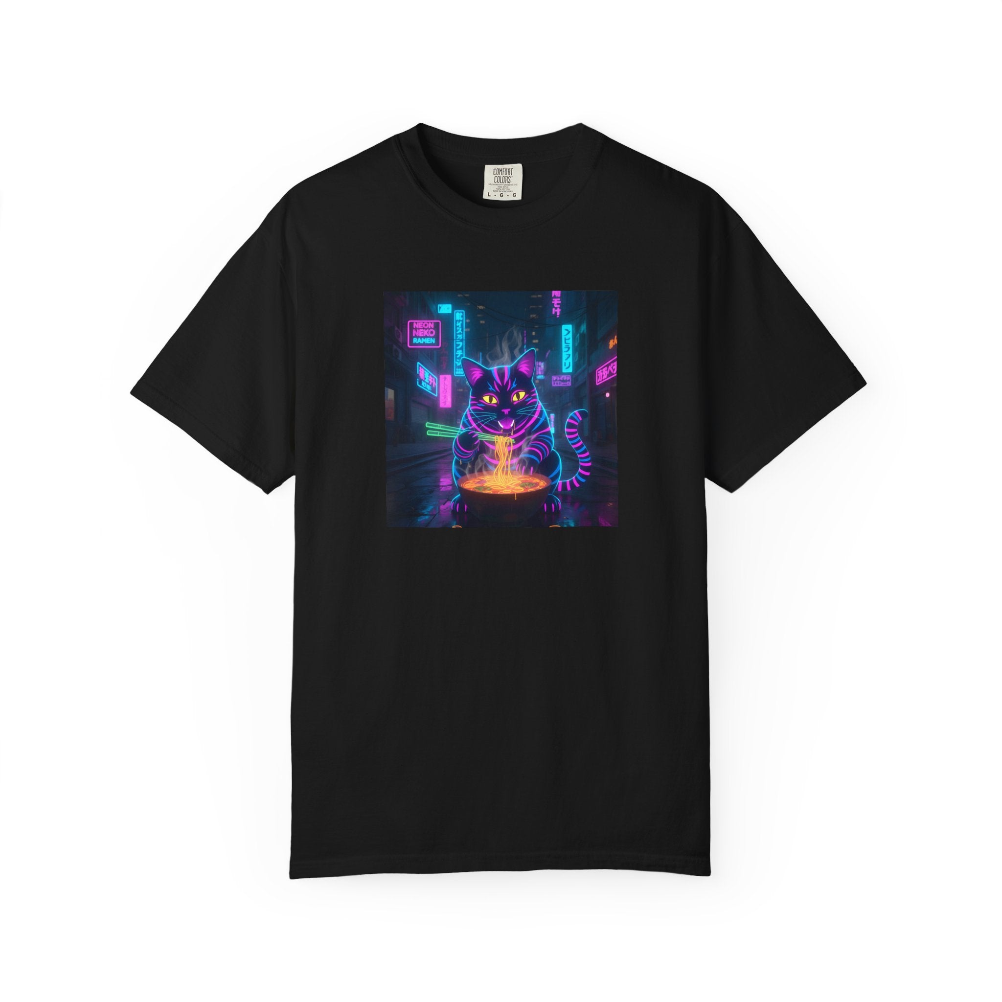 Neon Cyberpunk Cat Mystic Bowl T-shirt | Retro Futuristic Alley Art