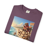 Lifeguard Capybara on Beach T-shirt | Surf Rescue Sunset Scene
