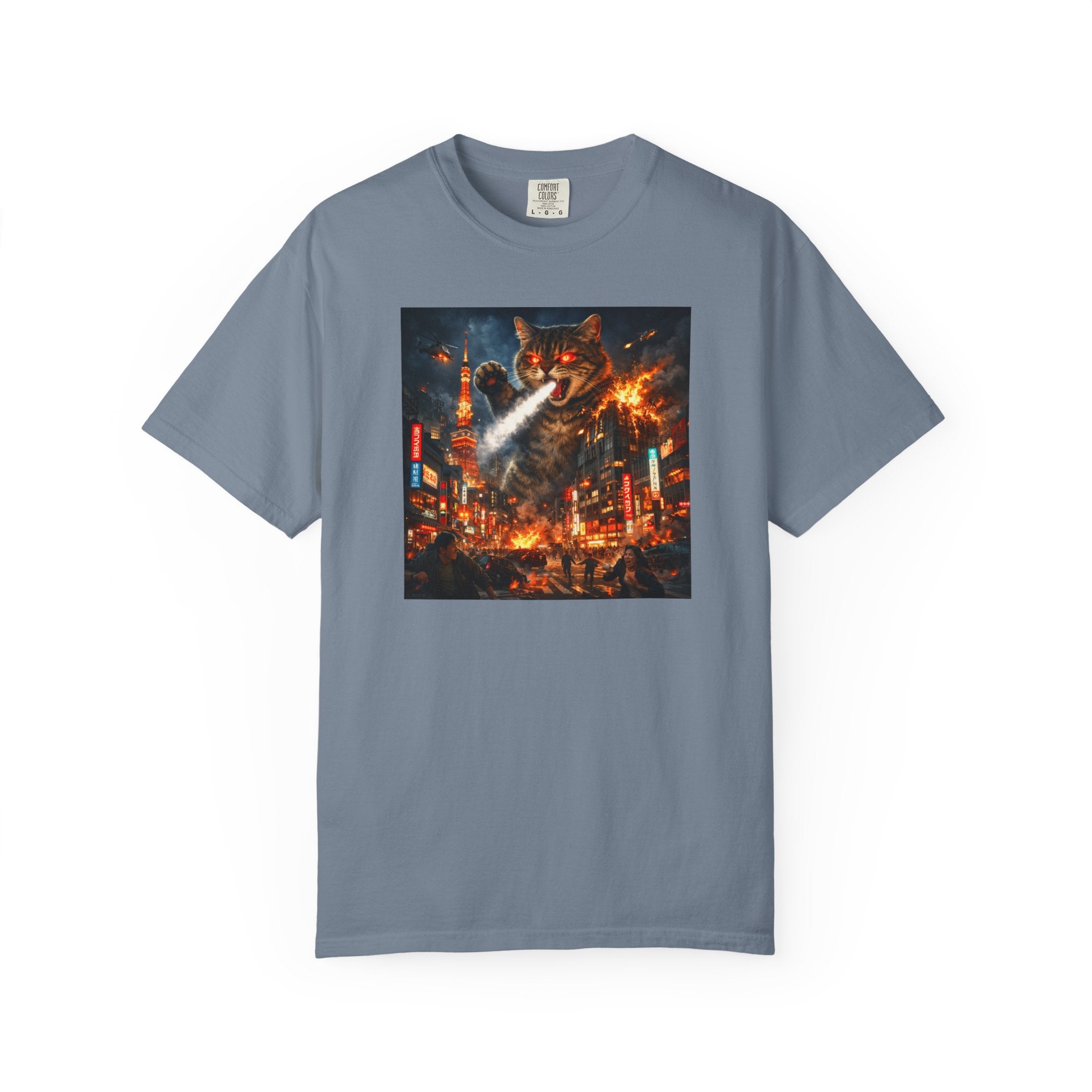 Giant Catzilla Kaiju Rampage T-Shirt | Neon City Monster Battle