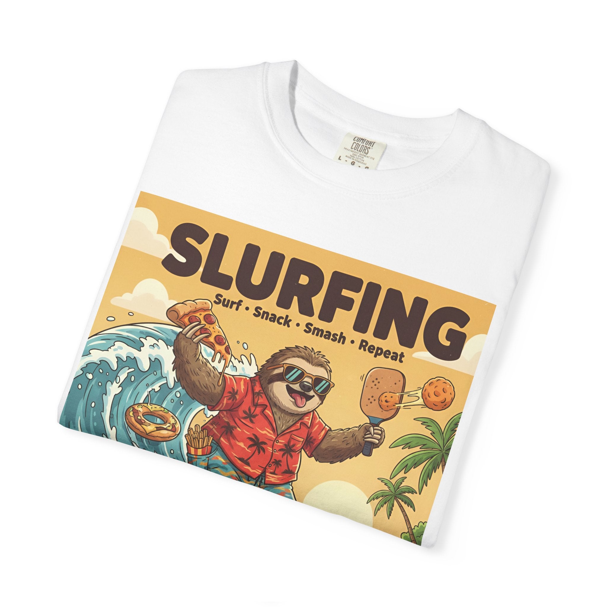 Slurfing Surfing Sloth T-Shirt | Retro Beach Wave Illustration