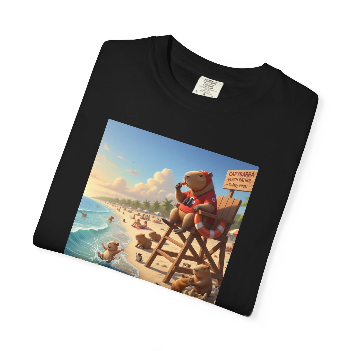 Lifeguard Capybara on Beach T-shirt | Surf Rescue Sunset Scene