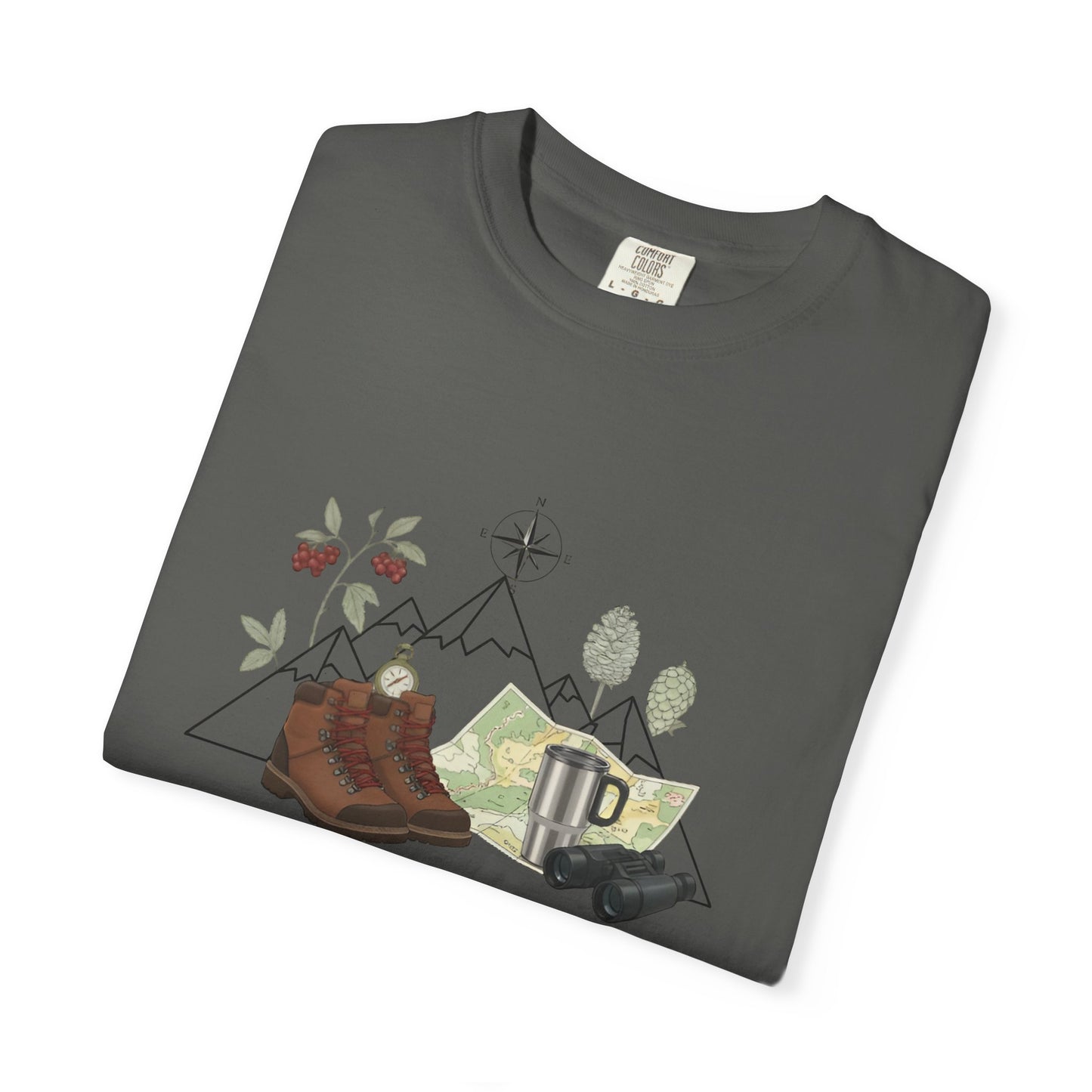 Camping Mountain Outdoors Graphic T-shirt | Hiking Boots Trees Flowers