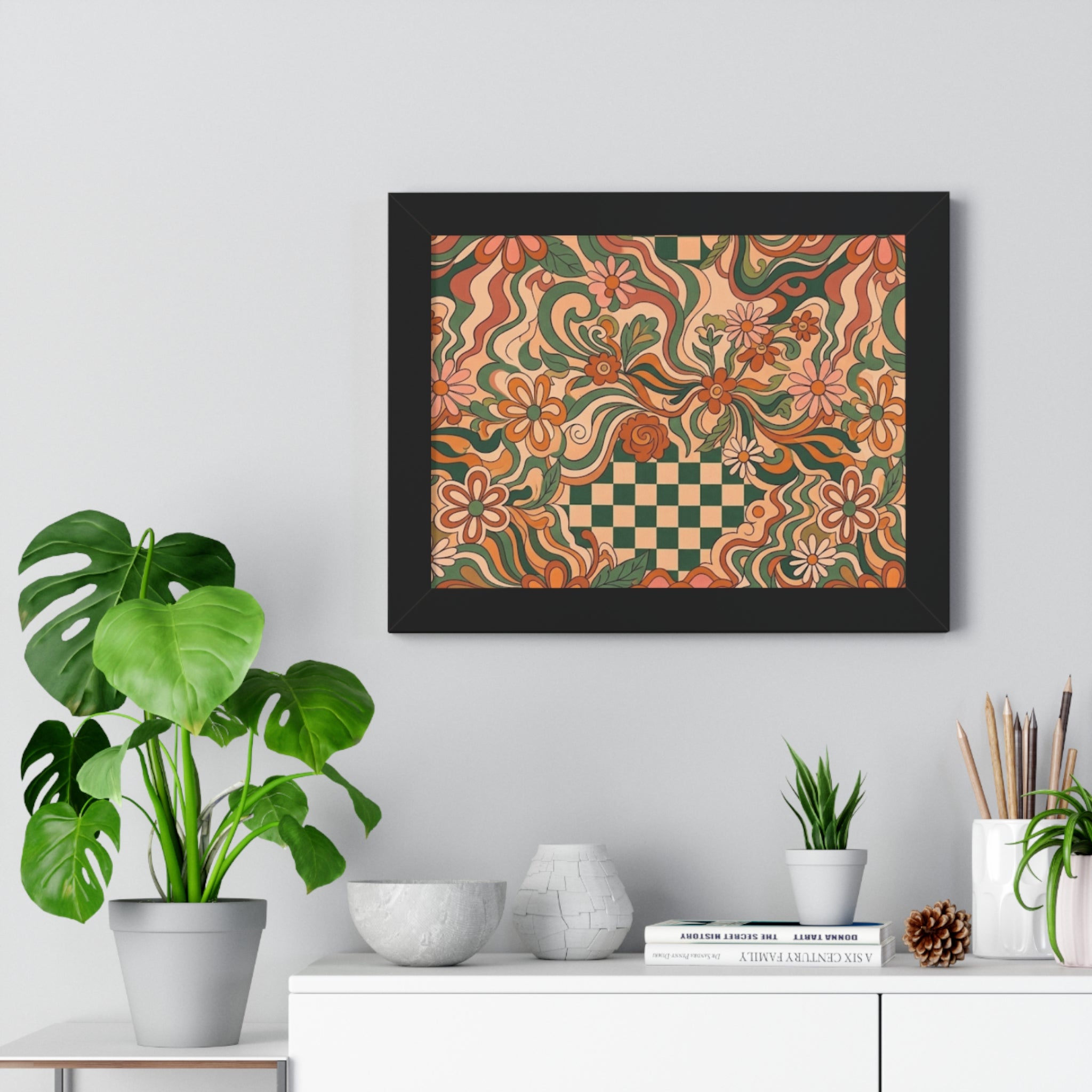 Retro Floral Checkerboard Poster