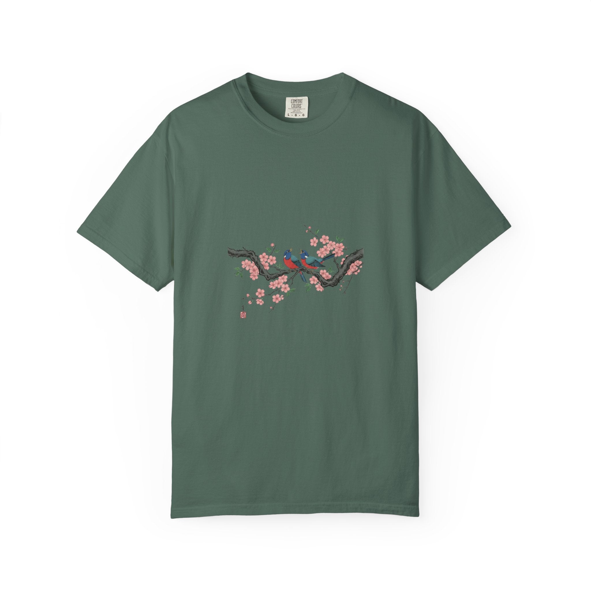 Birds on Cherry Blossom Branch T-Shirt | Japanese Floral Illustration