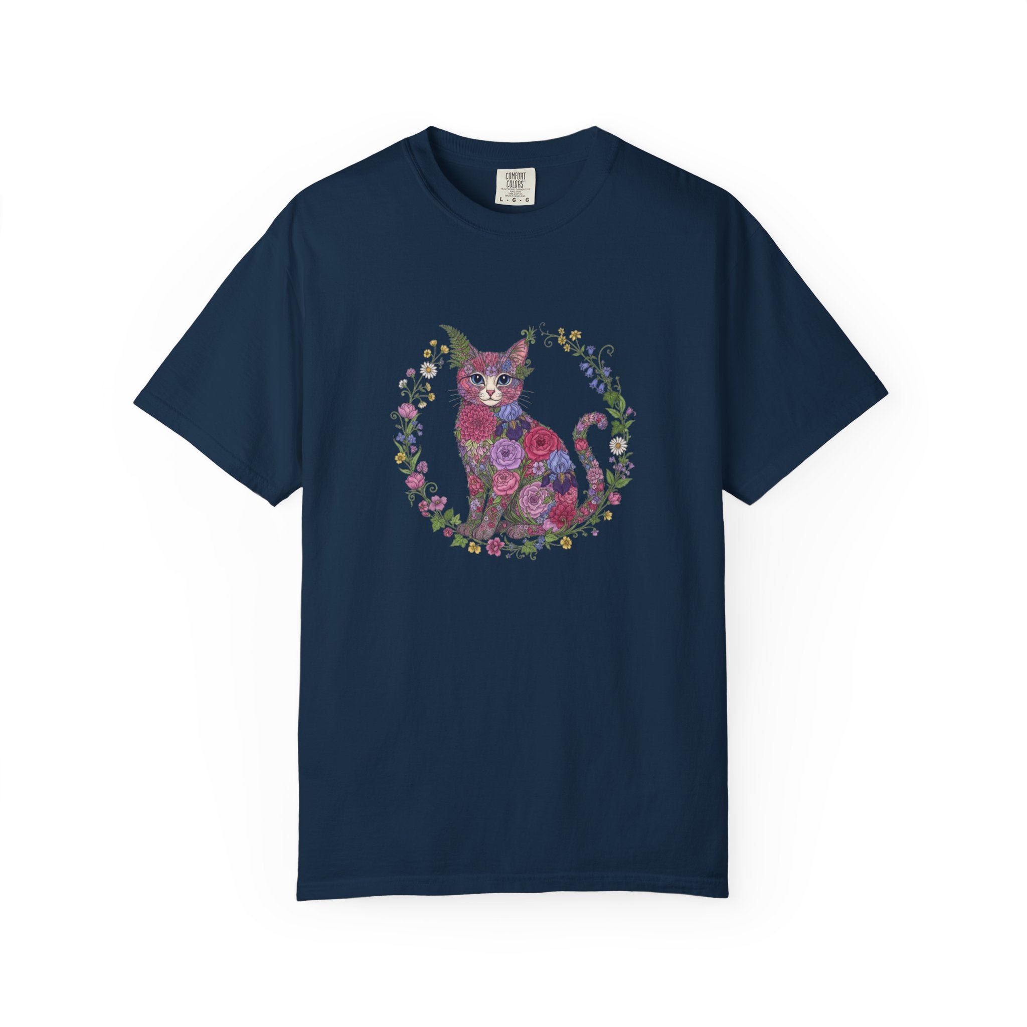 Floral Cat Illustration T-shirt | Botanical Kitty Circle Print