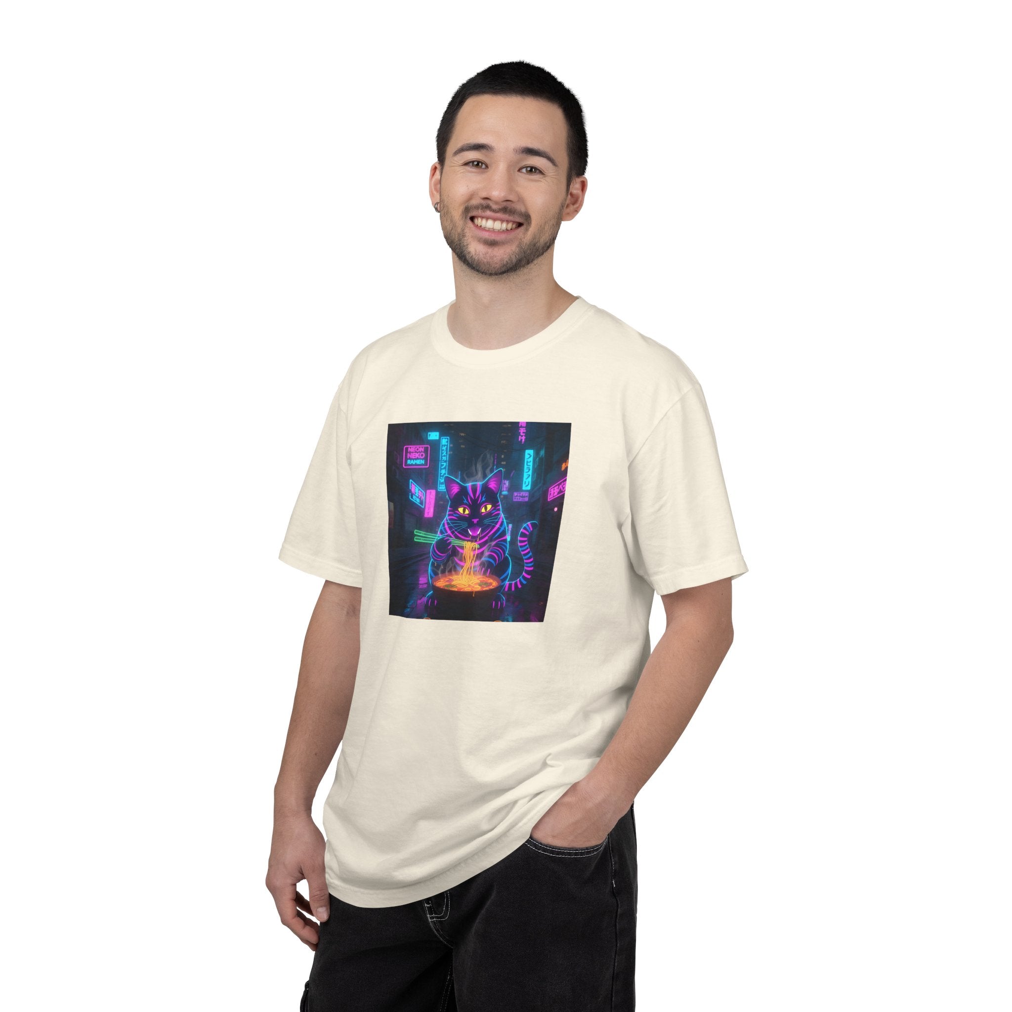 Neon Cyberpunk Cat Mystic Bowl T-shirt | Retro Futuristic Alley Art
