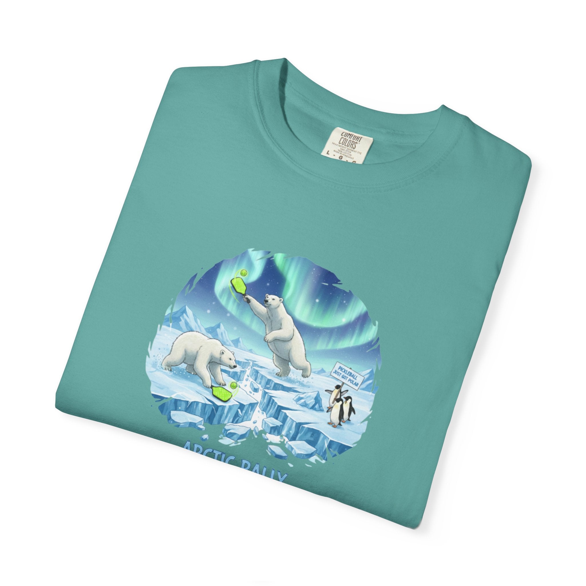 Arctic Rally Polar Bears Playing Pickleball T-Shirt | Northern Lights Illustration