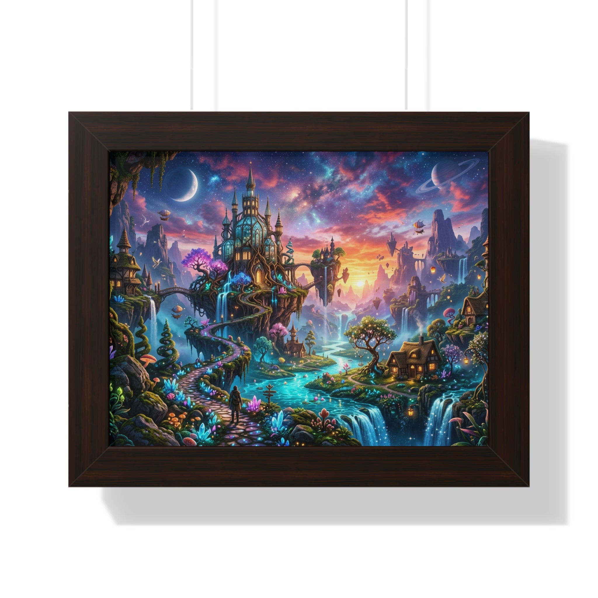 Ethereal Celestial Castle Fantasy Art Print | Dreamy Whimsical Landscape Poster | Vibrant Magical Realm Wall Decor