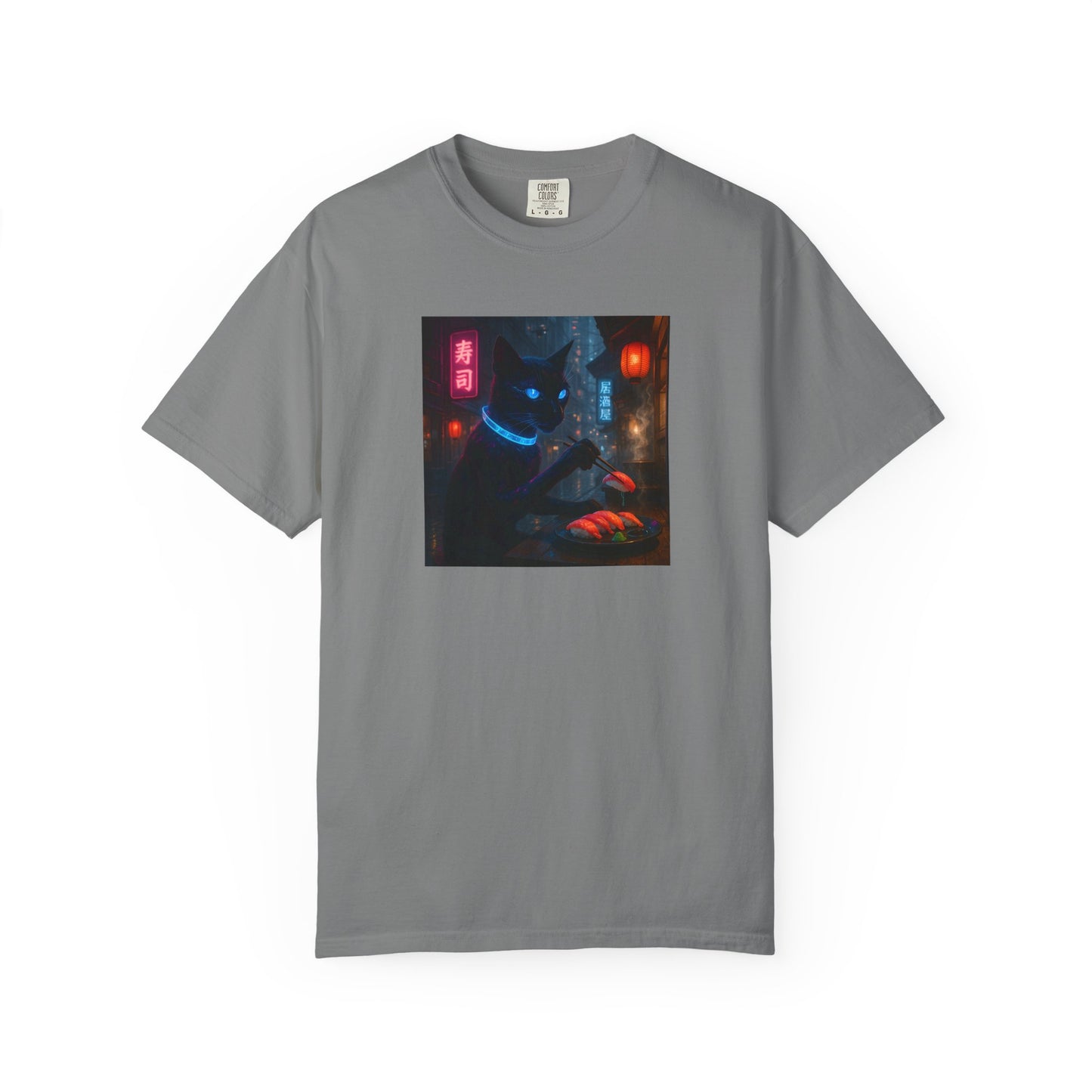 Neon Cyber Cat Sushi Shibuya T-shirt | Dark Alley Japanese Streetwear