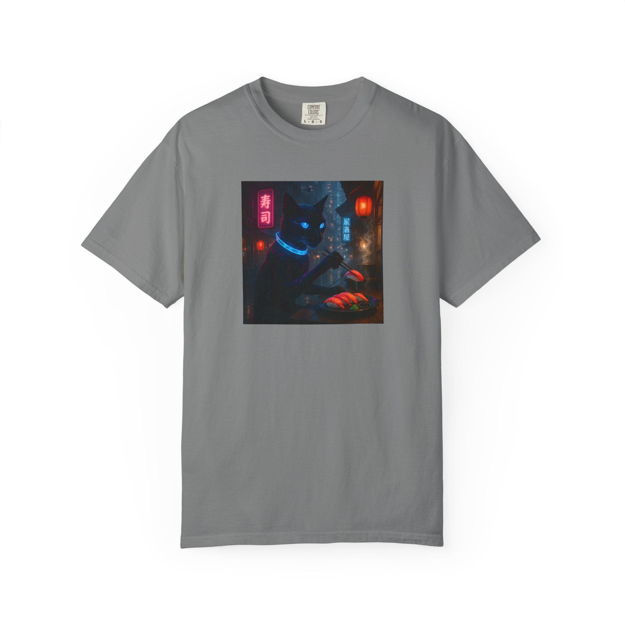Neon Cyber Cat Sushi Shibuya T-shirt | Dark Alley Japanese Streetwear