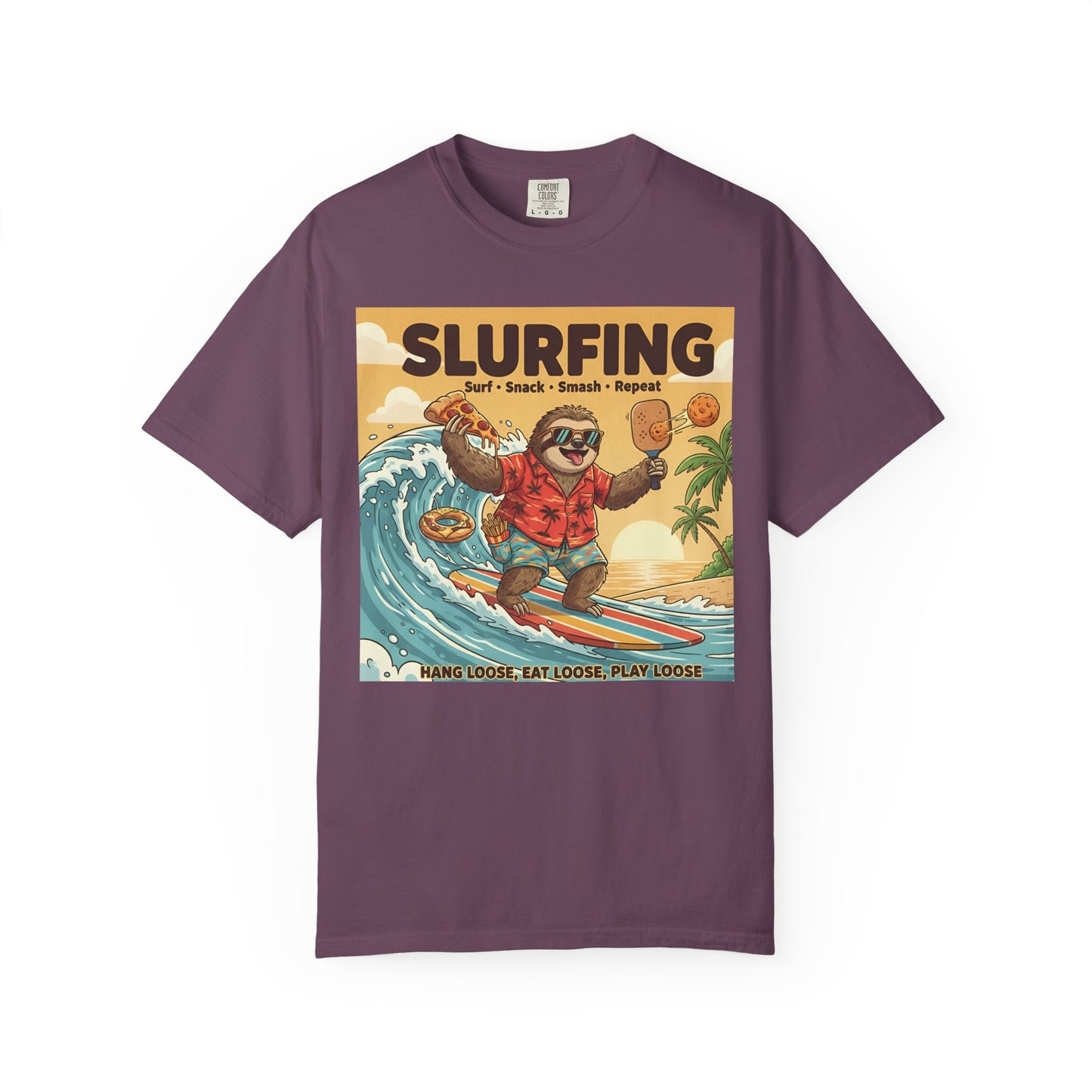 Slurfing Surfing Sloth T-Shirt | Retro Beach Wave Illustration