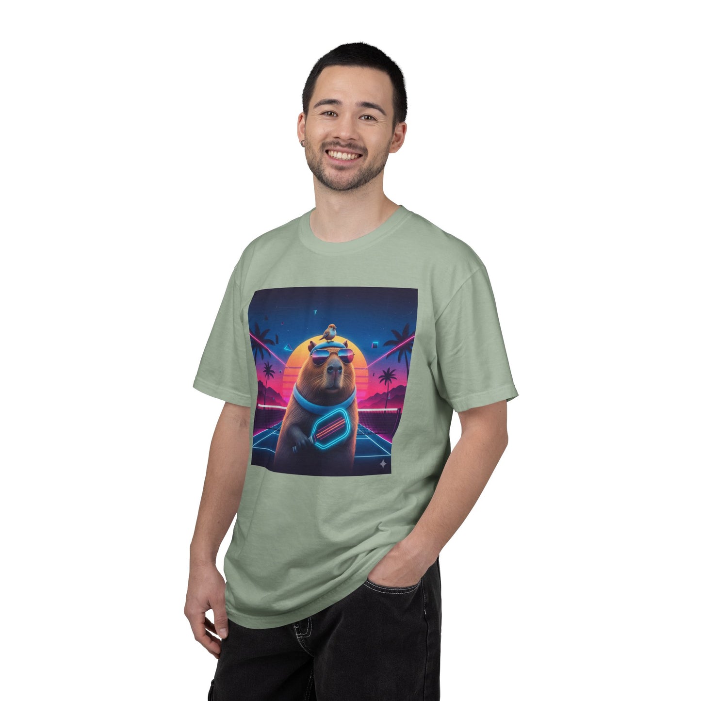 Retro Vaporwave Capybara with Sunglasses T-shirt | Neon Sunset Palm Trees