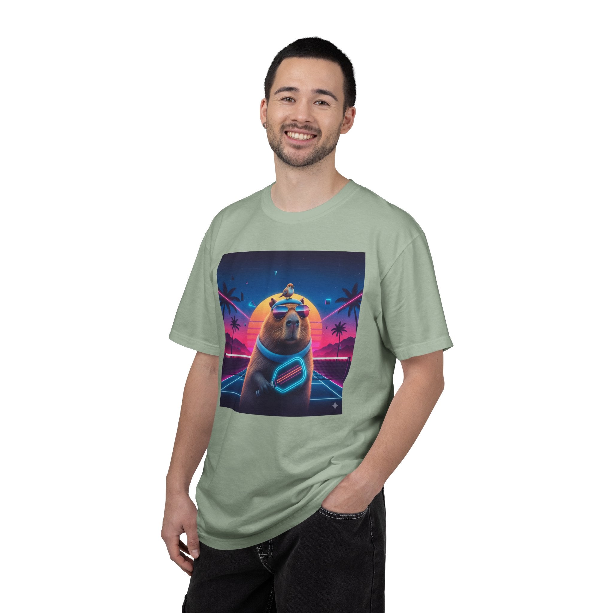 Retro Vaporwave Capybara with Sunglasses T-shirt | Neon Sunset Palm Trees