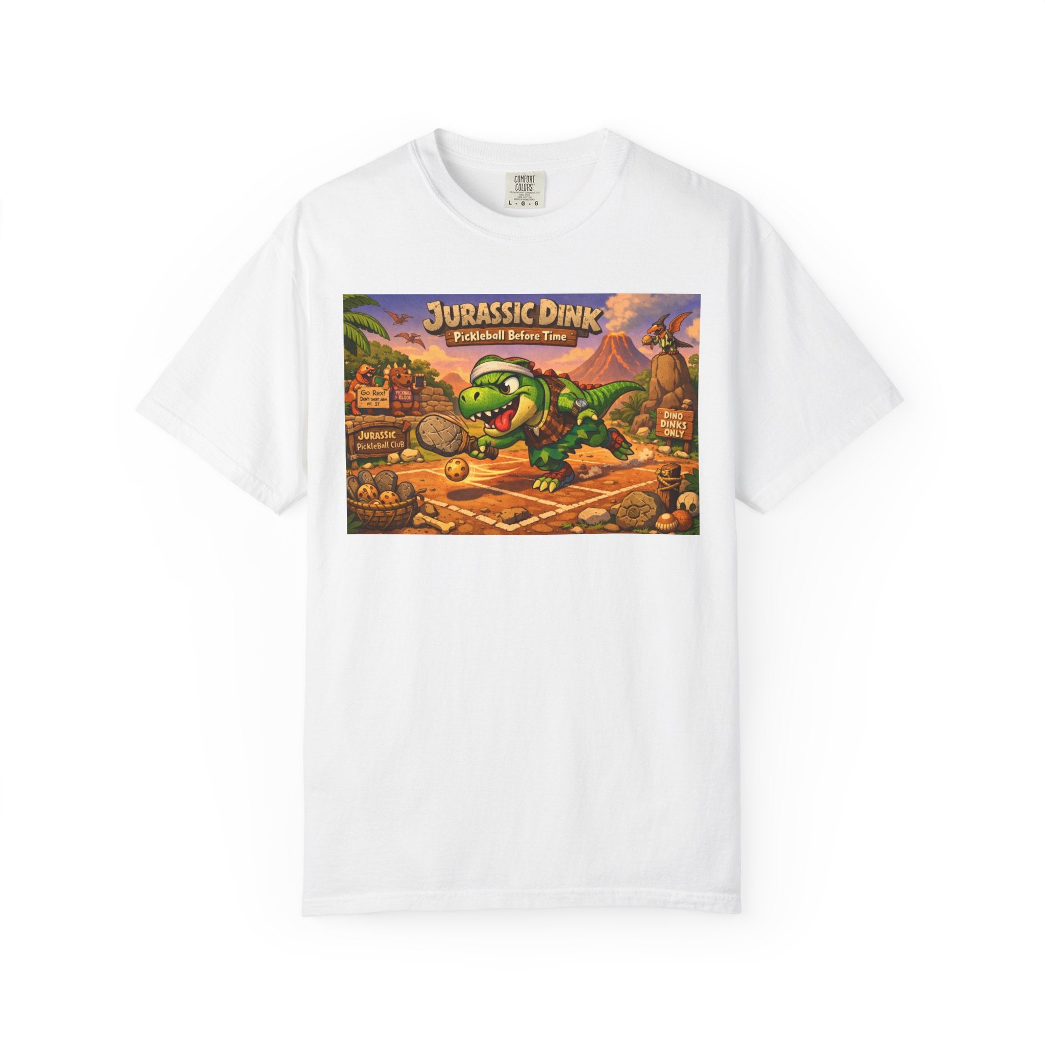 Jurassic Dink Pickleball Dinosaur Arcade Poster T-Shirt | Retro Video Game Shirt