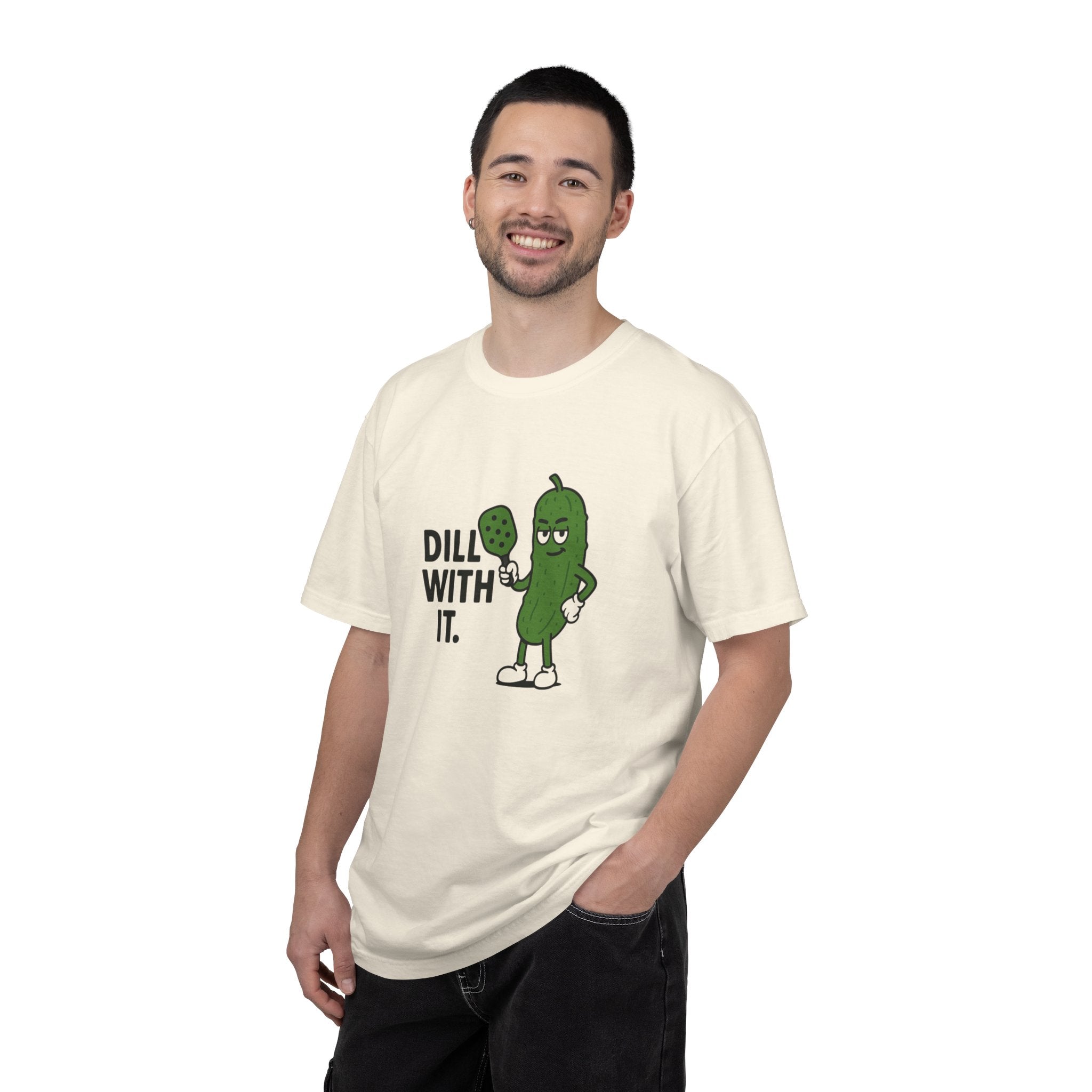 Dill With It Pickle Character T-shirt | Funny Vegan Food Pun Tee