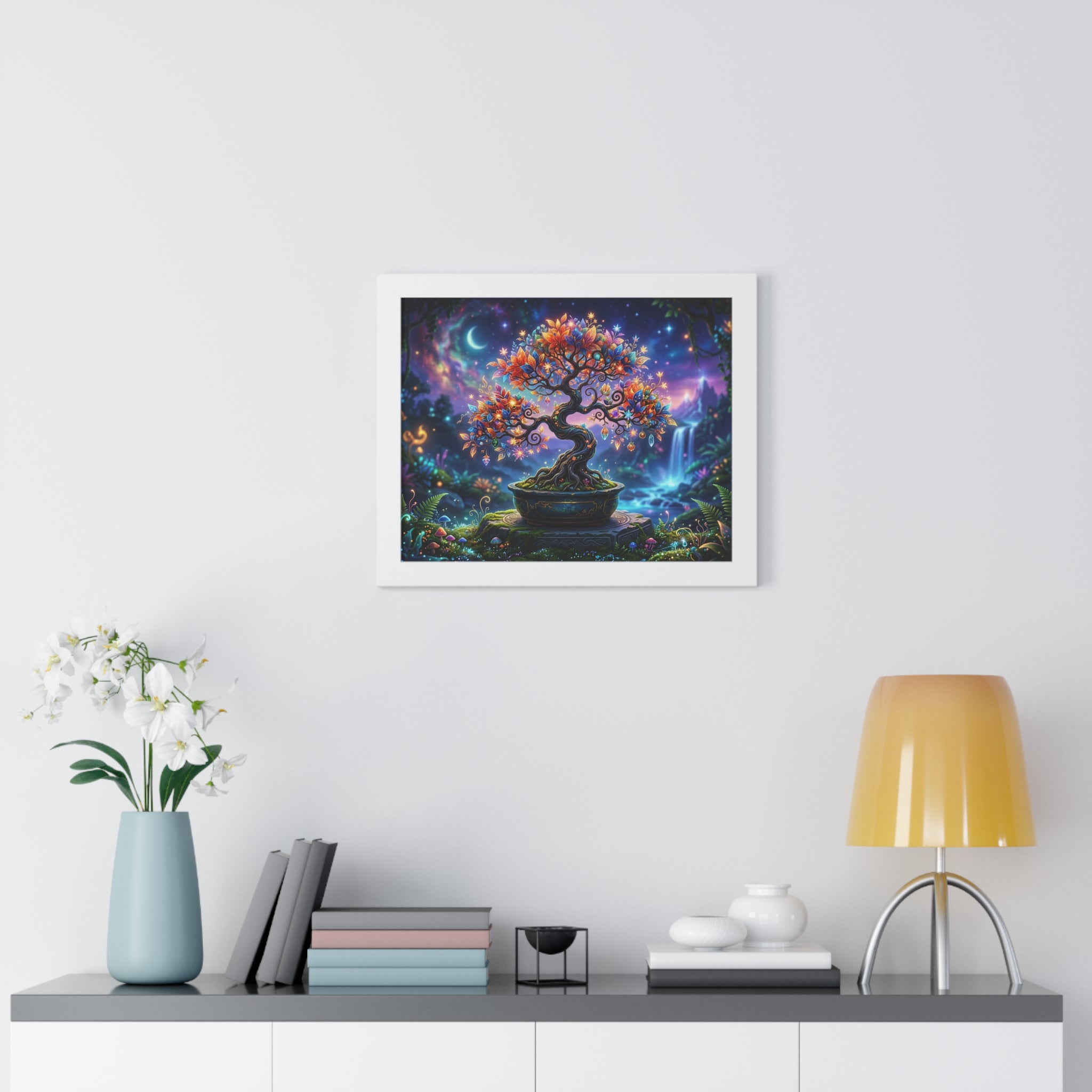 Celestial Magical Bonsai Tree Art Print, Fantasy Galaxy Tree of Life Wall Decor, Glowing Zen Garden Poster, Whimsical Mythical Landscape Art