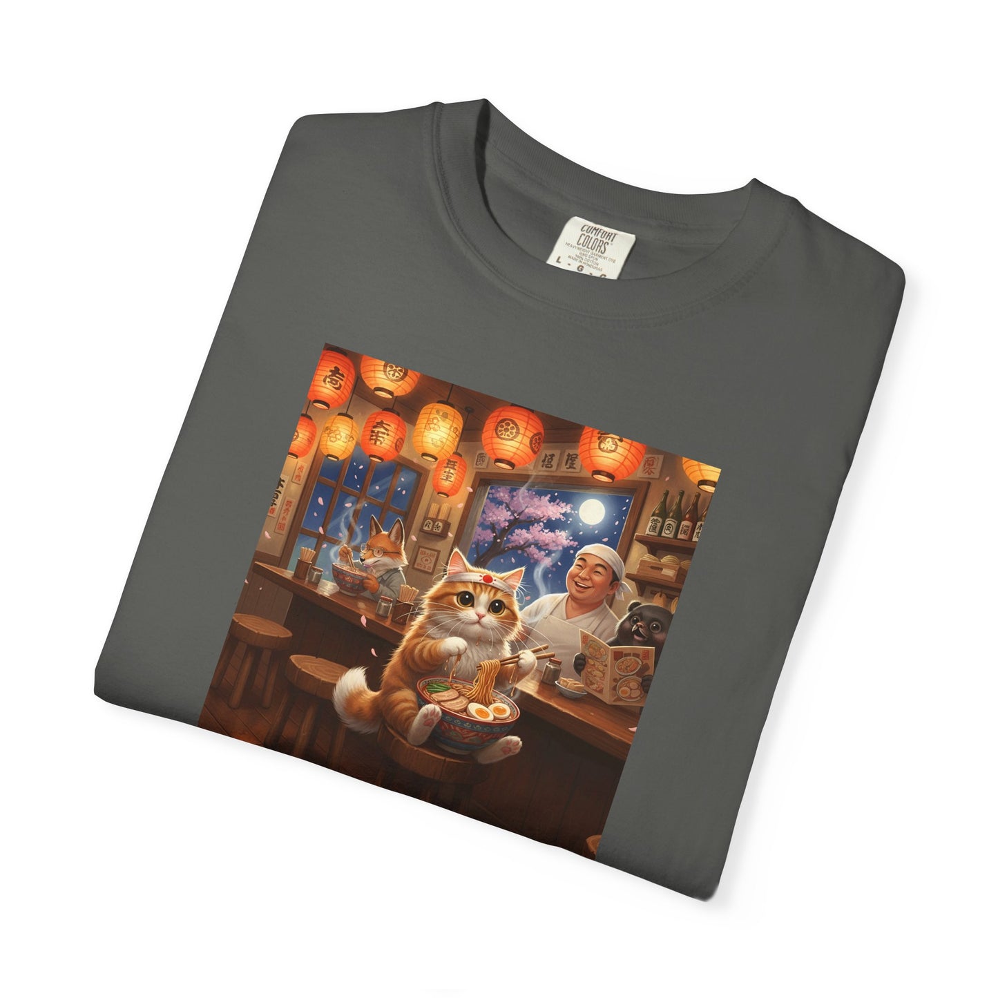 Whiskers and the Wondrous Noodles Cat Bar Ramen Scene T-shirt | Cozy Pub Cat Illustration