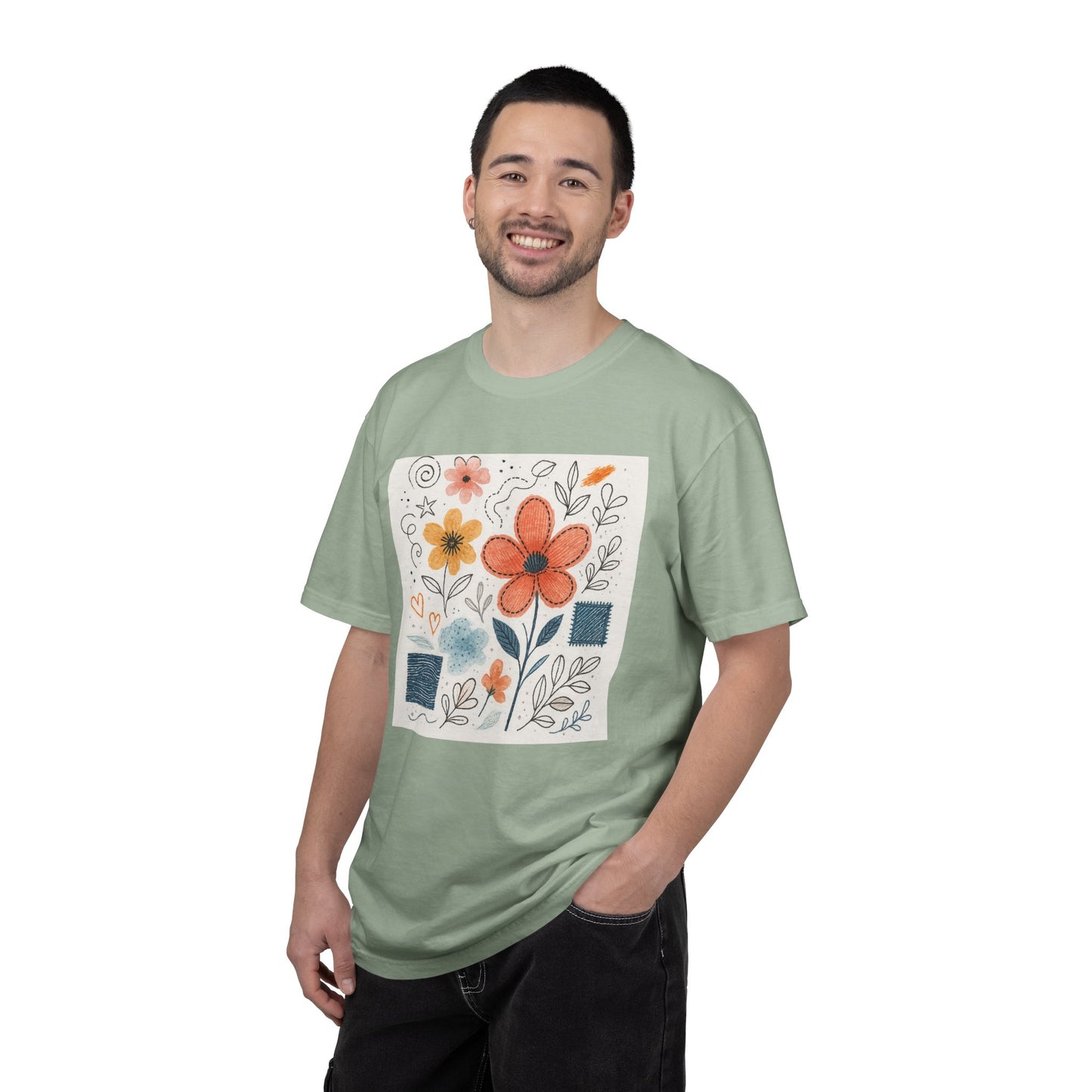 Hand-drawn Watercolor Floral Doodles T-shirt | Linocut & Embroidery Texture