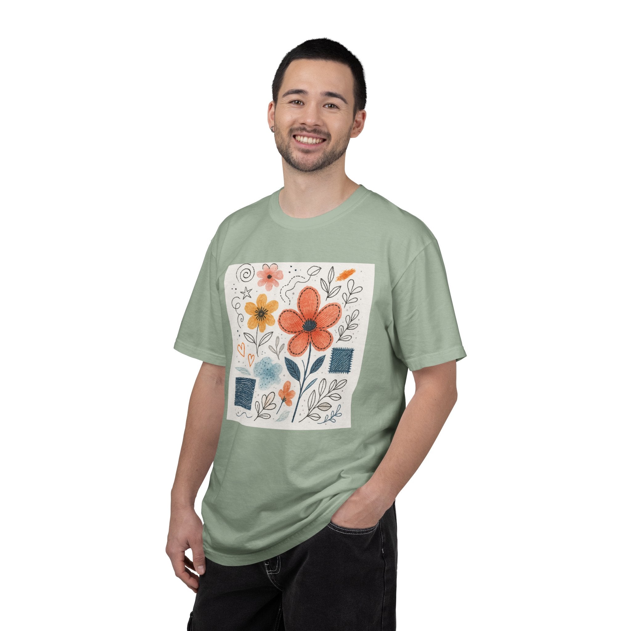Hand-drawn Watercolor Floral Doodles T-shirt | Linocut & Embroidery Texture