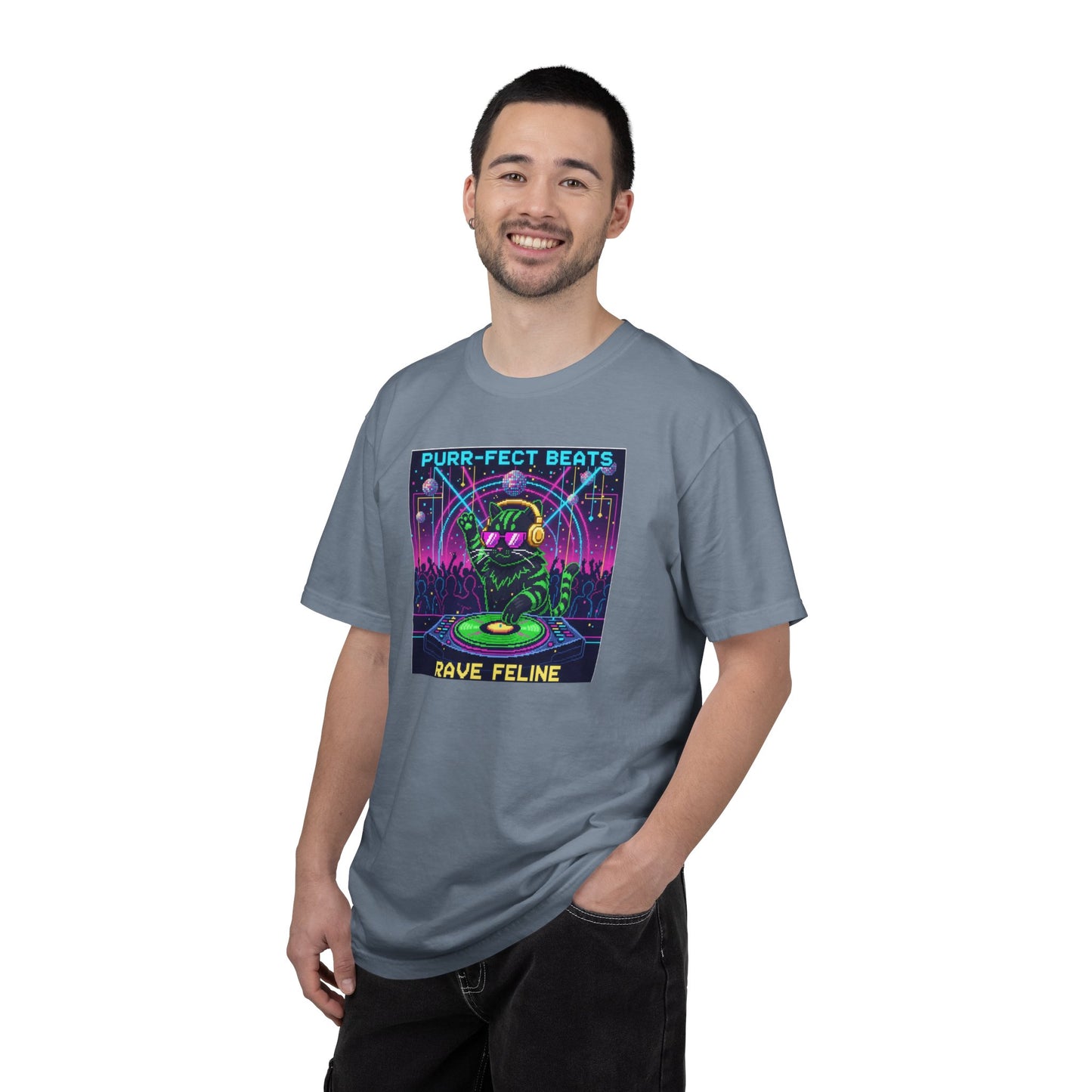 Purr-fect Beats Rave Feline DJ cat T-shirt | Neon EDM club design