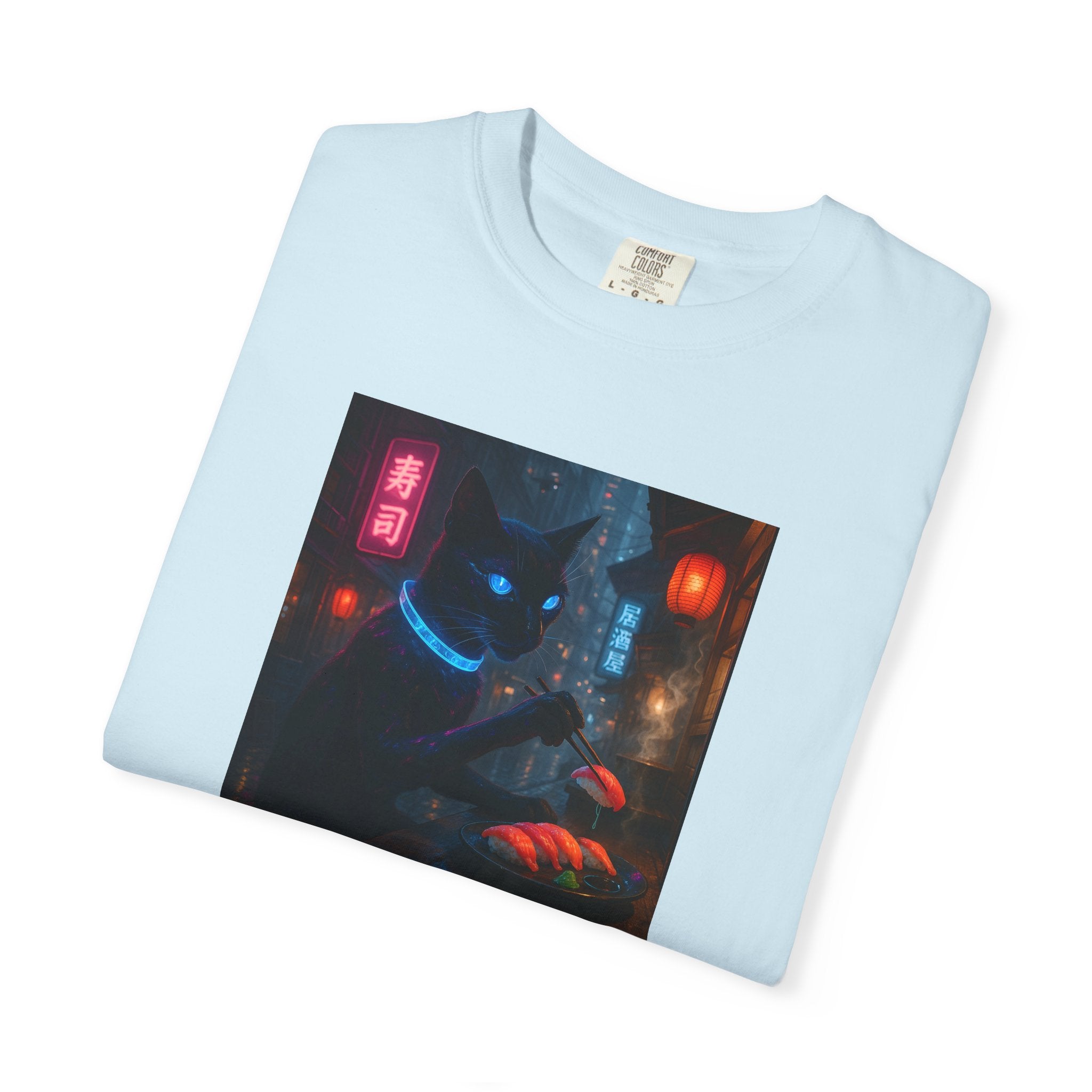 Neon Cyber Cat Sushi Shibuya T-shirt | Dark Alley Japanese Streetwear