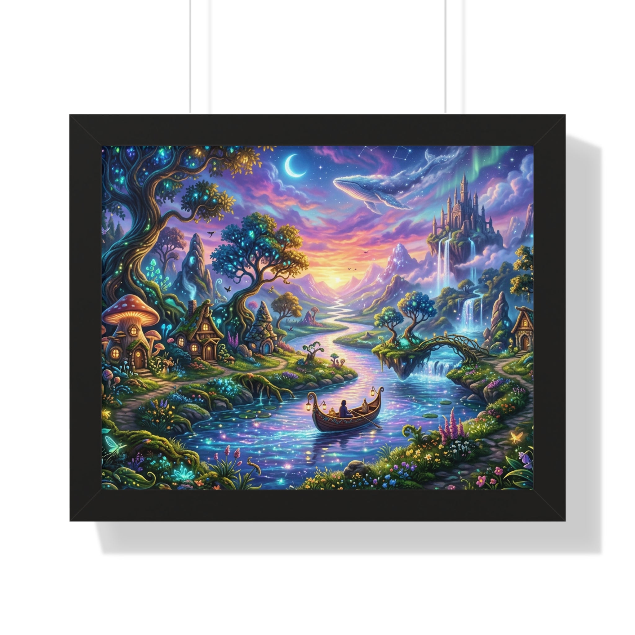 Celestial River Journey Digital Art Print - Whimsical Fantasy Landscape with Floating Castle, Glowing Forest