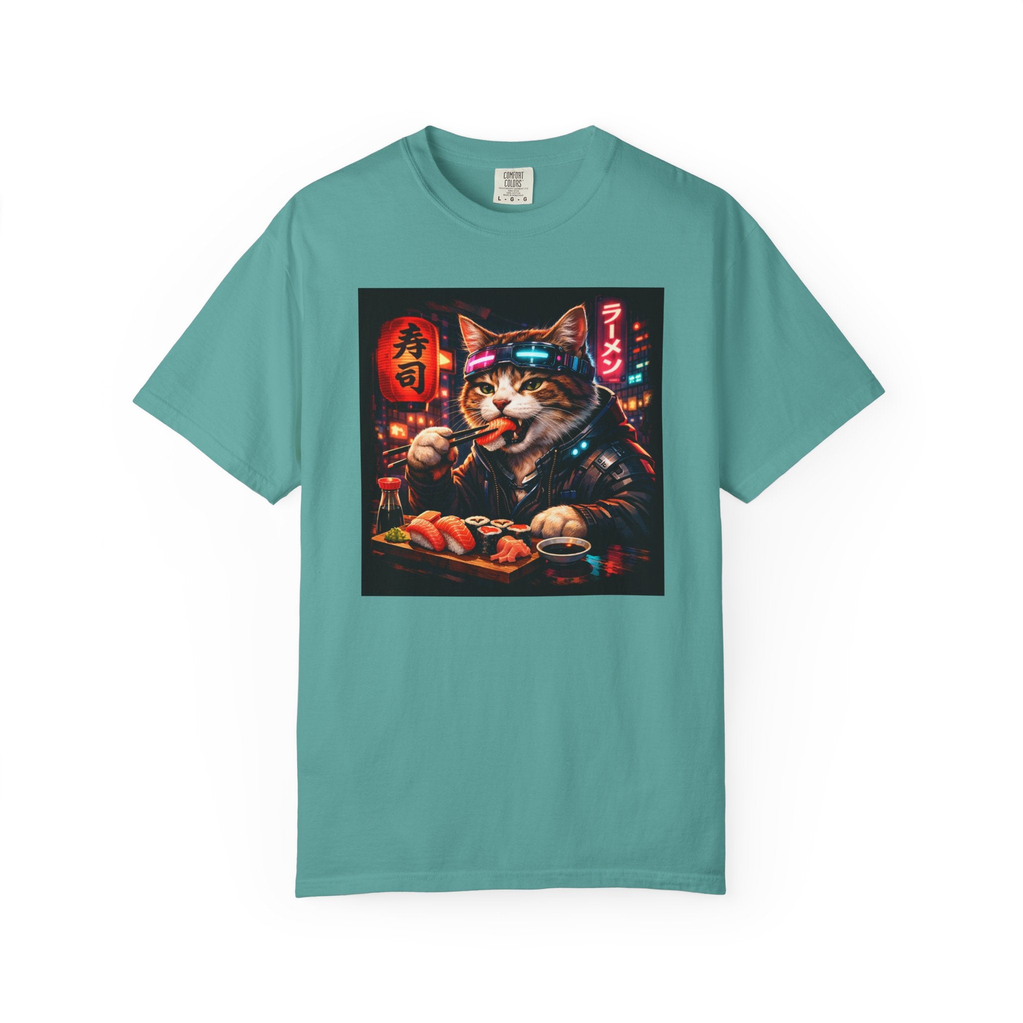 Sushi-Eating Cat T-Shirt | Neon Japanese Street Food Art