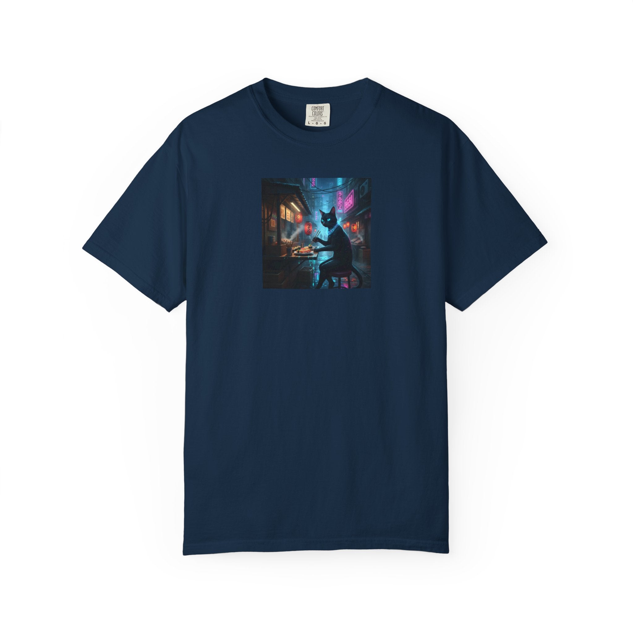 Cyberpunk Cat Sushi T-shirt | Neon Japan Noir