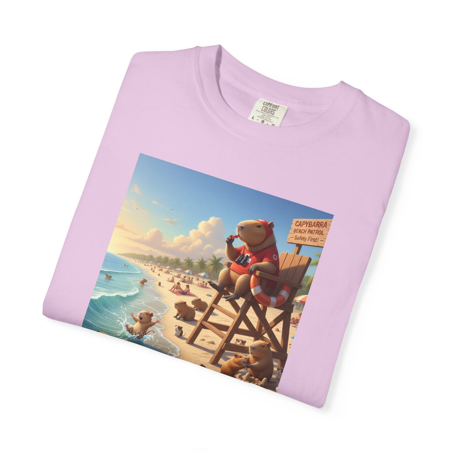 Lifeguard Capybara on Beach T-shirt | Surf Rescue Sunset Scene